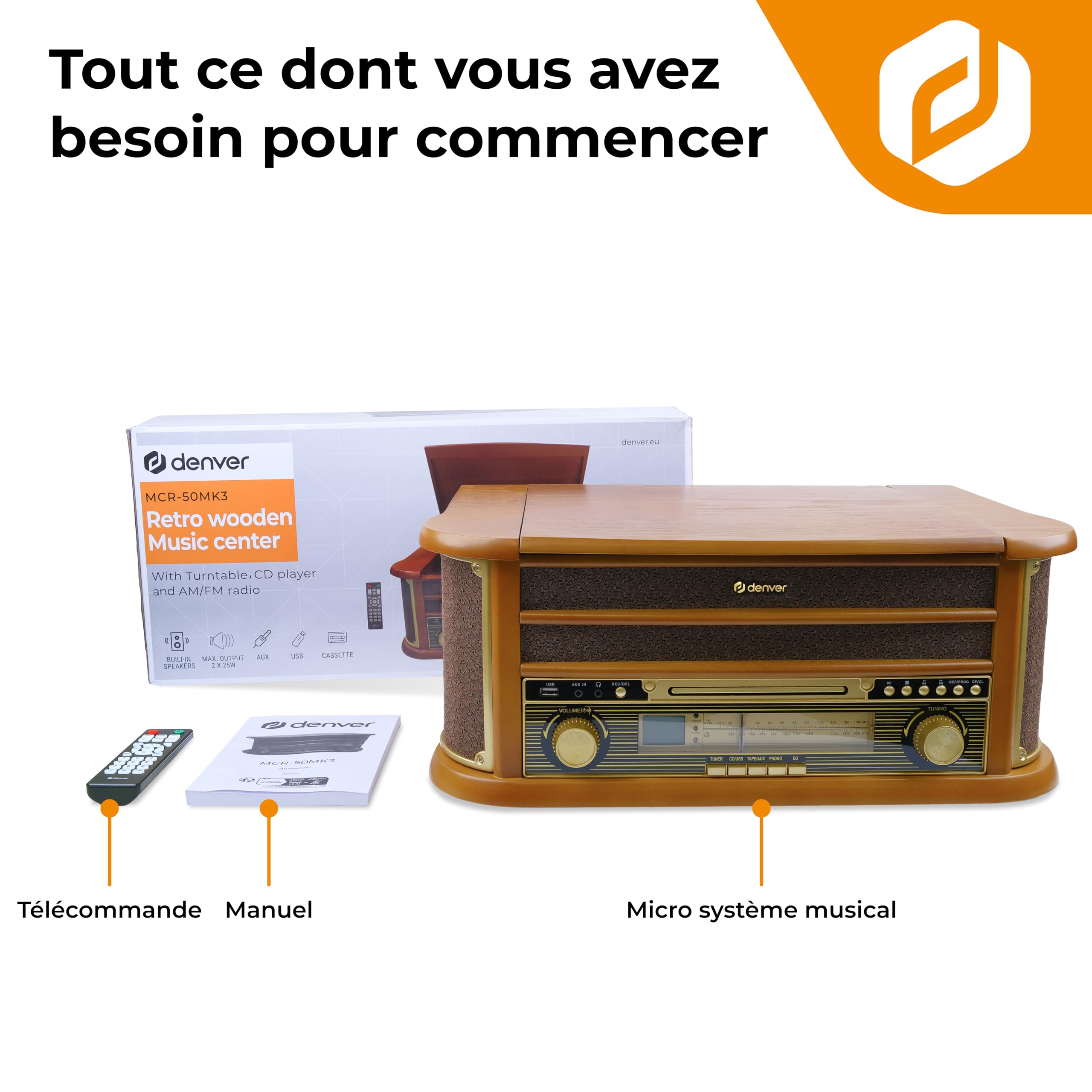 Denver MCR-50MK3 Chaîne Musicale rétro avec Platine Vinyle, Lecteur CD, Cassette, Radio FM/AM, USB, AUX, Haut-parleurs intégrés