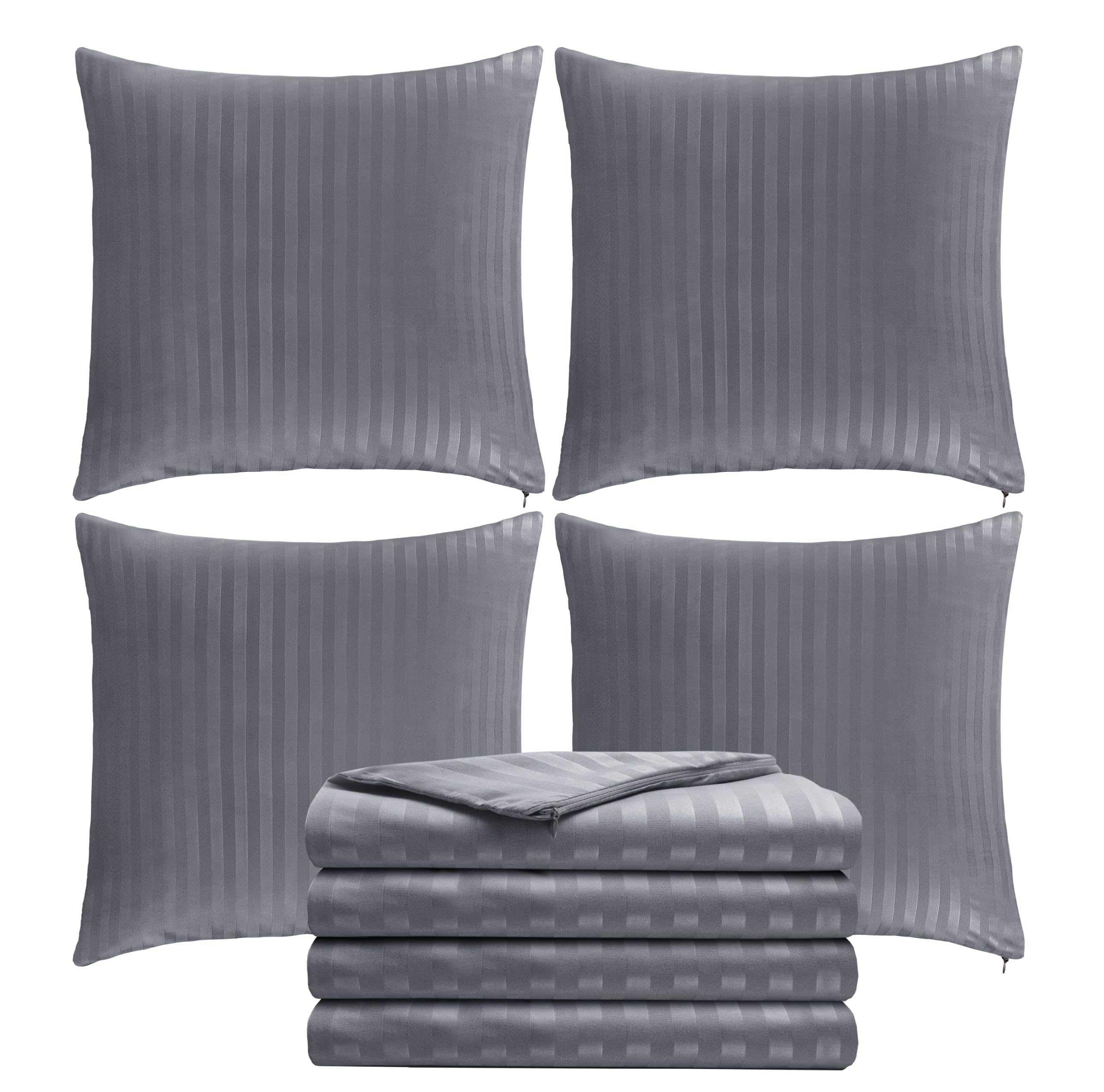 Cushion Covers 45 x 45 cm Set of 4 Microfibre Satin Stripe & Zipper Grey