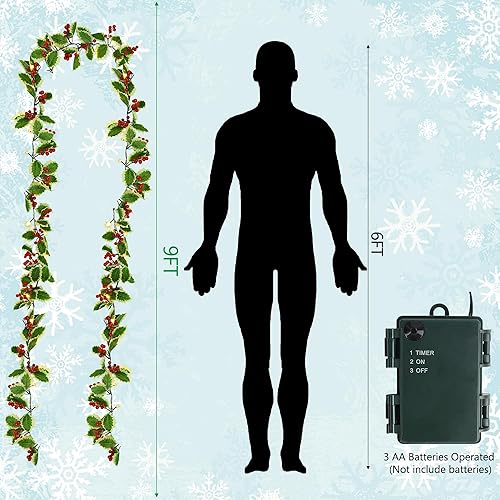 Miniatura 2 de Juegoal Paquete de 2 guirnaldas de Navidad, guirnalda de bayas rojas preiluminadas de 9 pies y hojas de acebo, guirnalda artificial iluminada a