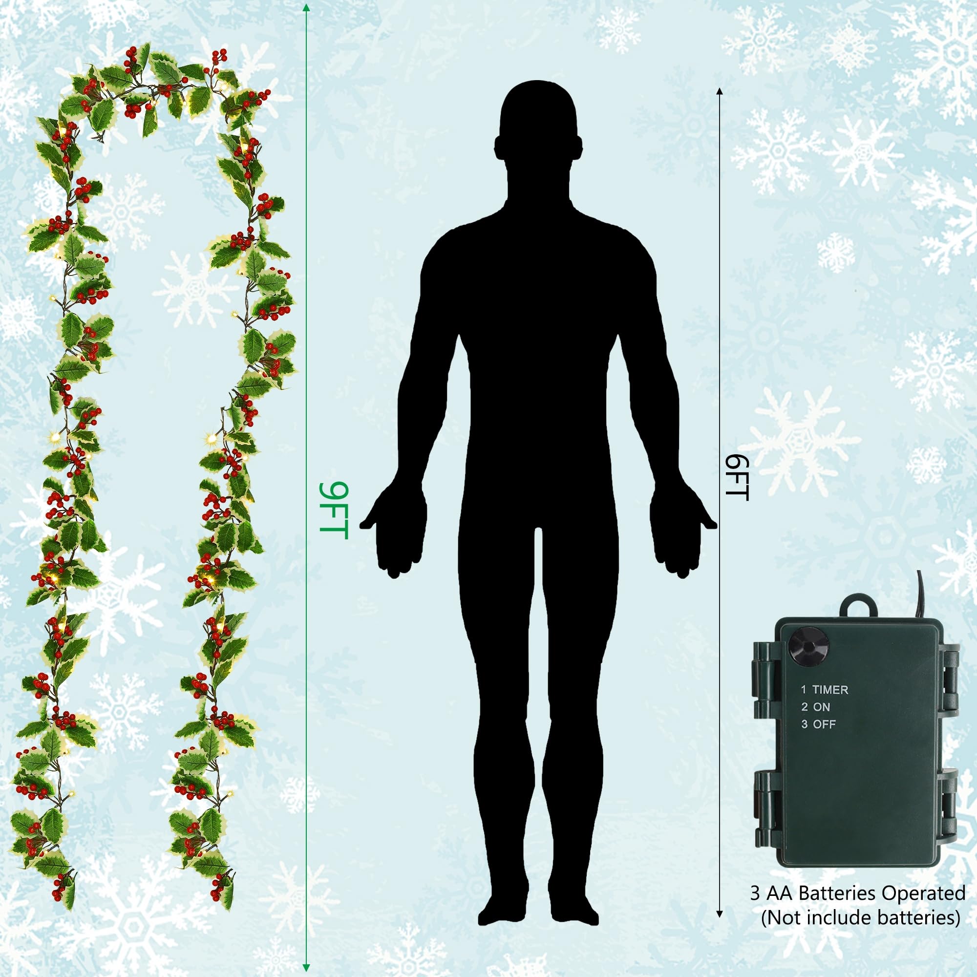 Juegoal Paquete de 2 guirnaldas de Navidad, Bayas Rojas preiluminadas de 9 pies y Hojas de Acebo, Guirnalda iluminada Artificial Que Funciona con Pilas con Temporizador, Puerta de Chimenea de Navidad