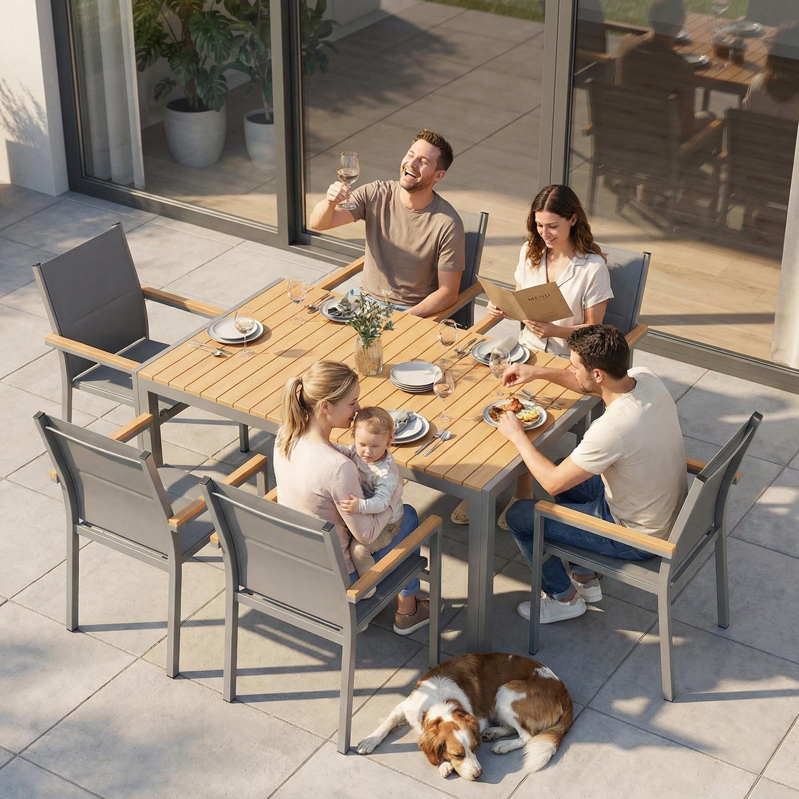 LIFERUN Juego de 2 sillas de jardín de aluminio, con respaldo acolchado y asiento, silla de comedor apilable, pasamanos de WPC, sillas de balcón, para terraza, balcón, terraza, piscina, restaurantes
