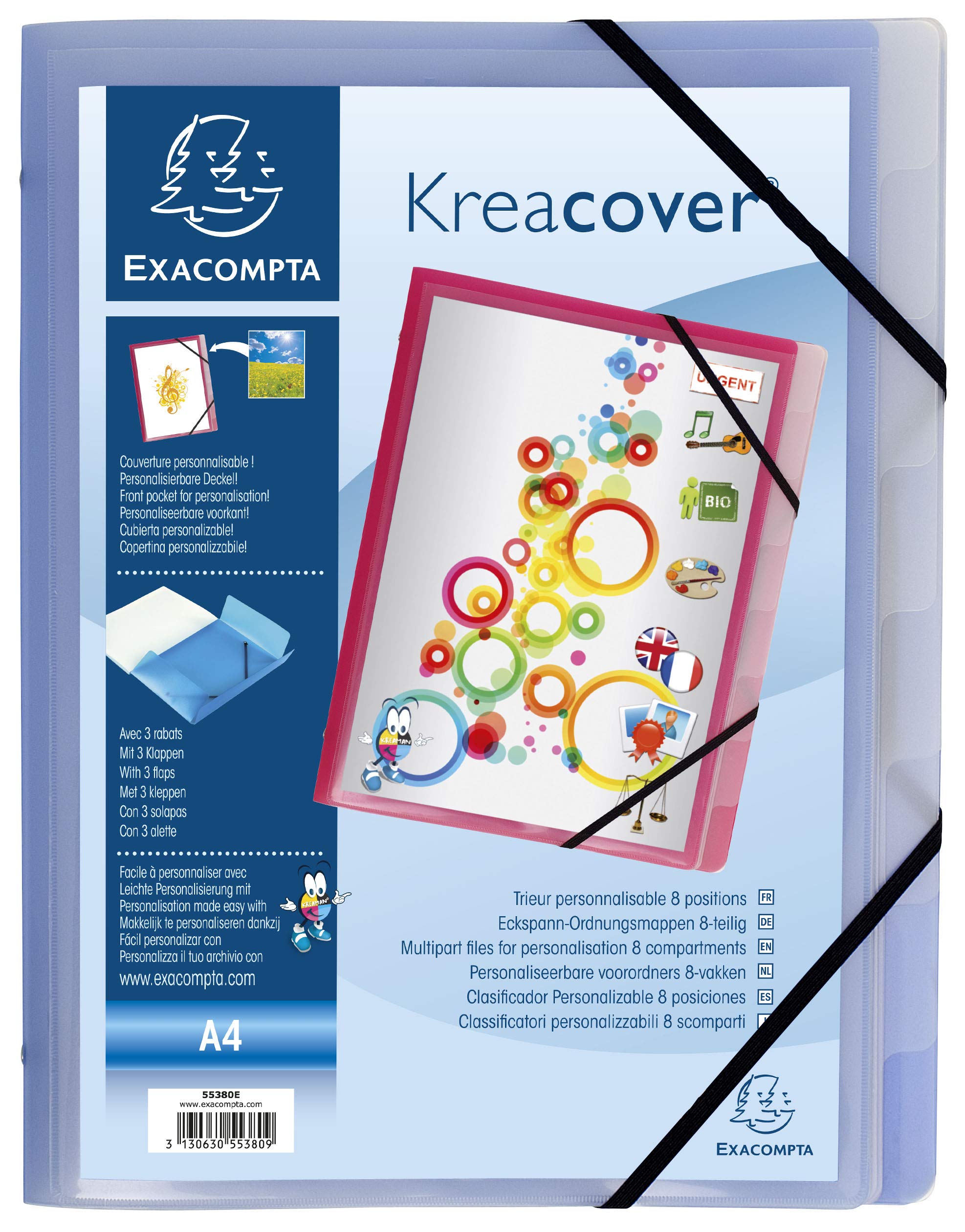 Exacompta 55380E 10er Pack Premium Ordnungsmappe Kreacover. Aus stabilem Kunststoff DIN A4 8 Fächer mit 2 Gummizügen und 3 Klappen Register-Mappe Eckanner-Mappe 1 Stück Zufallsfarbe