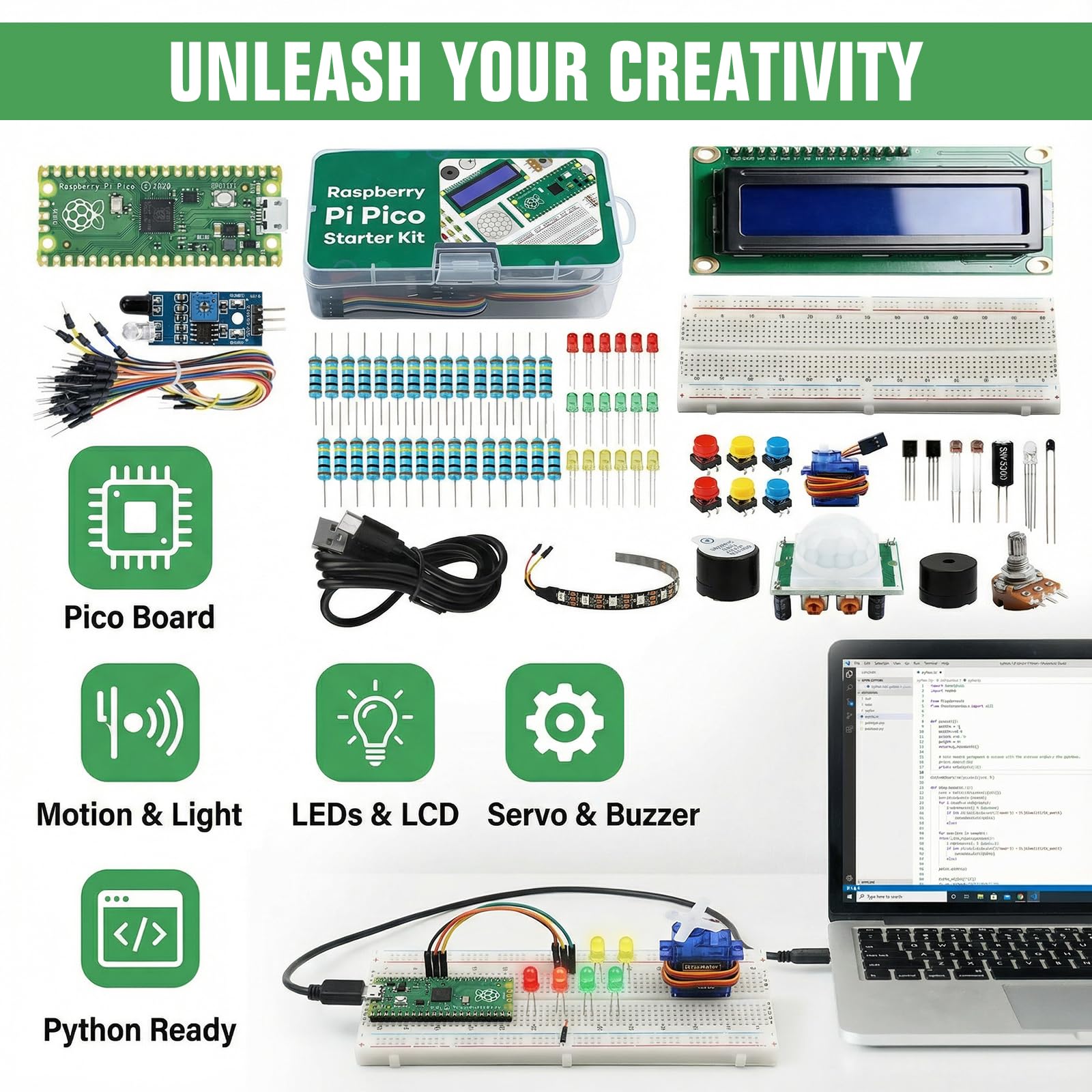 Kit de démarrage pour Raspberry Pi Pico, microcontrôleur, écran Lcd1602, interfaces Gpio, prend en charge Micropython et C/C++, kit de démarrage pour Raspberry Pi, pour électronique Diy et