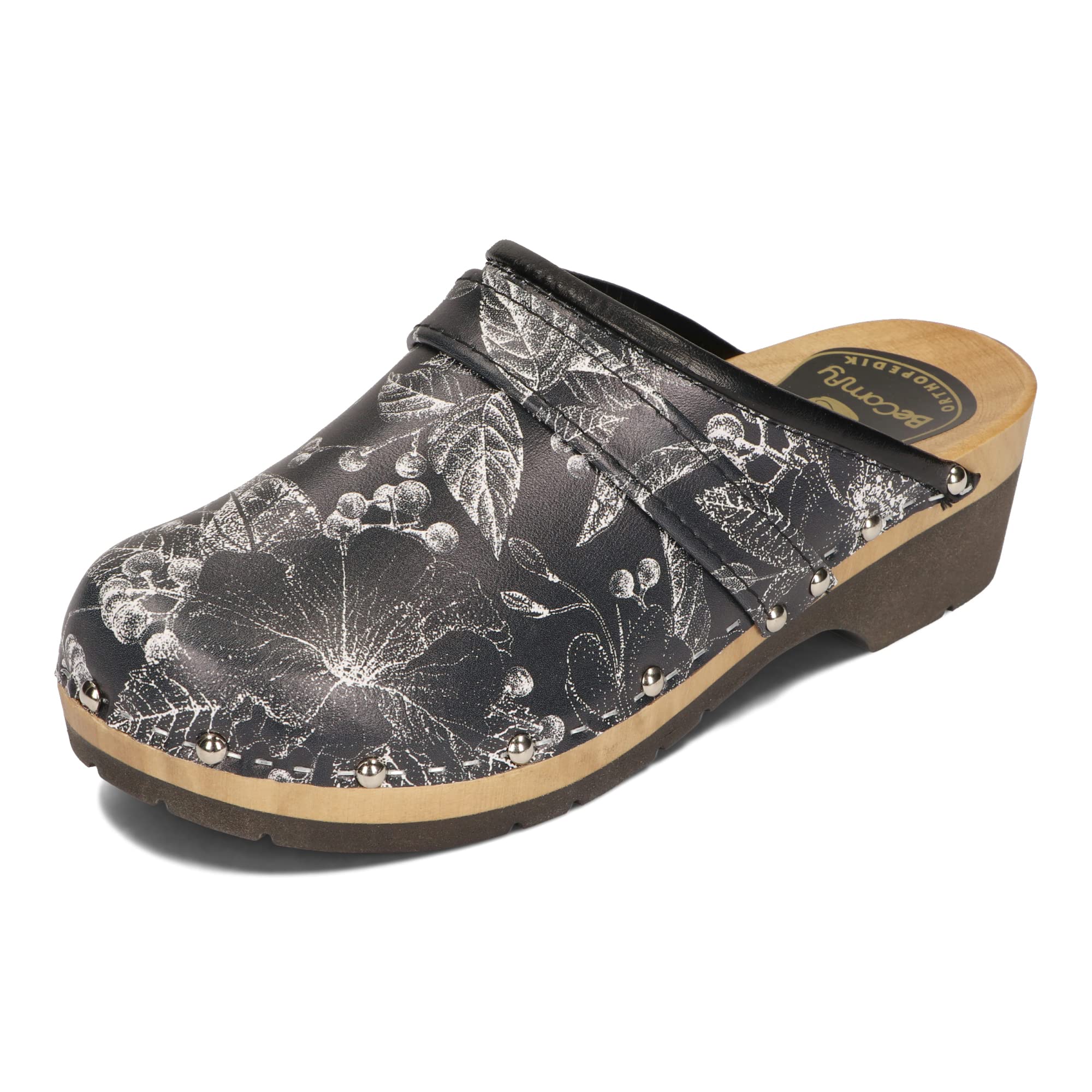 BeComfy Damen Holzclogs Naturleder Weite Passform Blockabsatz | Naturleder innen und außen, Holzsohle mit Gummischicht, Blockabsatz 5 cm, Weite Passform, Ohne Verschluss, EU