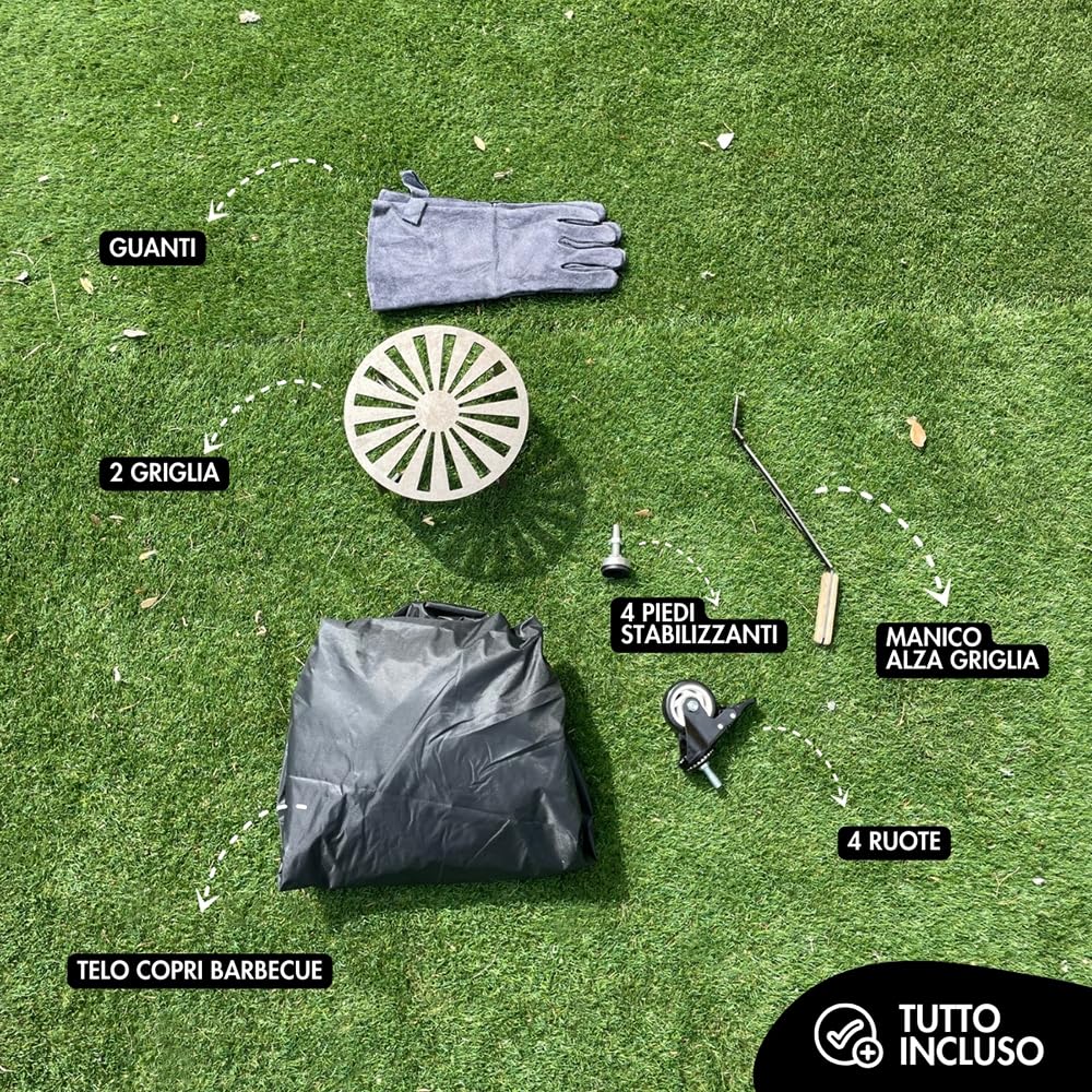 Barbecue a Legna e Carbone Yucatán | BBQ Tondo in Acciaio Corten da Esterno & da Giardino con Griglia di cottura in Acciaio Inox 316 sp.1cm, Portatile con Ruote (Antracite)