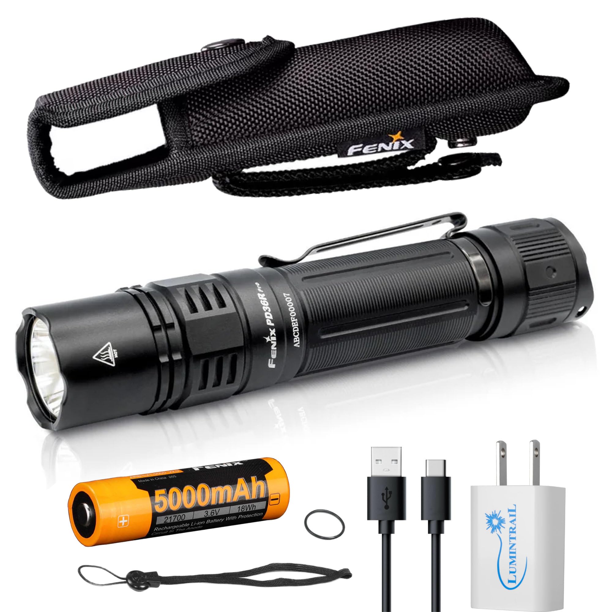 Fenix PD36R Pro Tactical Flashlight with ALP-10L Tactical Holster, 2800 Lumens, Dual Tail Switches, Rechargeable with Battery and USB Wall Plug