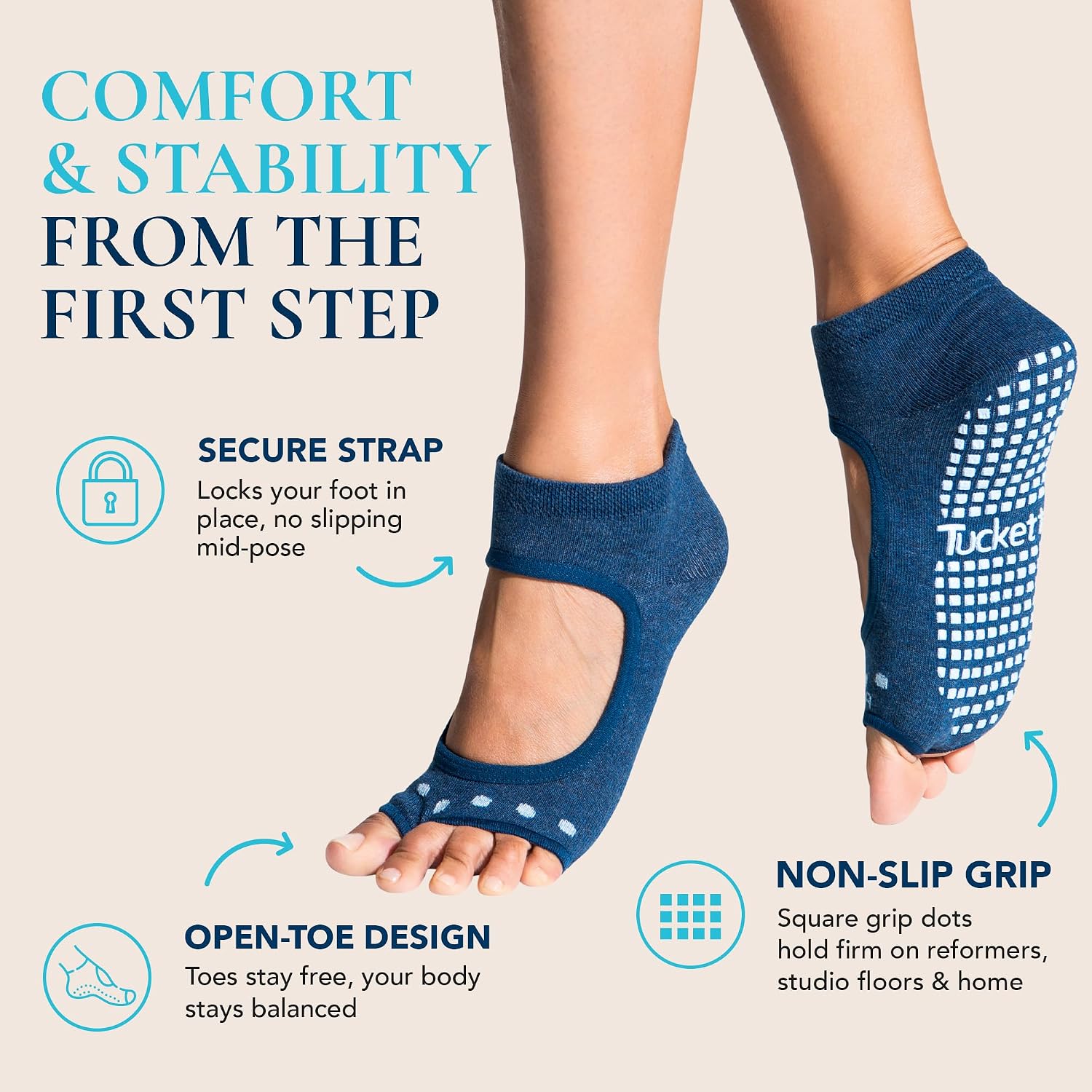 Tucketts Allegro Toeless Pilates Socks with Grips for Women, Non-Slip Open-Toe Grip Socks for Yoga, Barre, Dance, Reformer, Home - Moisture-Wicking, S/M, Size 6-9 - Twilight Dot - 1 Pair