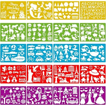 Qpout 20pcs Colour Drawing Stencil for Children 300+ Pattern Letters Animals Dinosaur Painting Template for Birthdays Template's Party Toddlers Preschool Painting Tool Painting Colouring Template