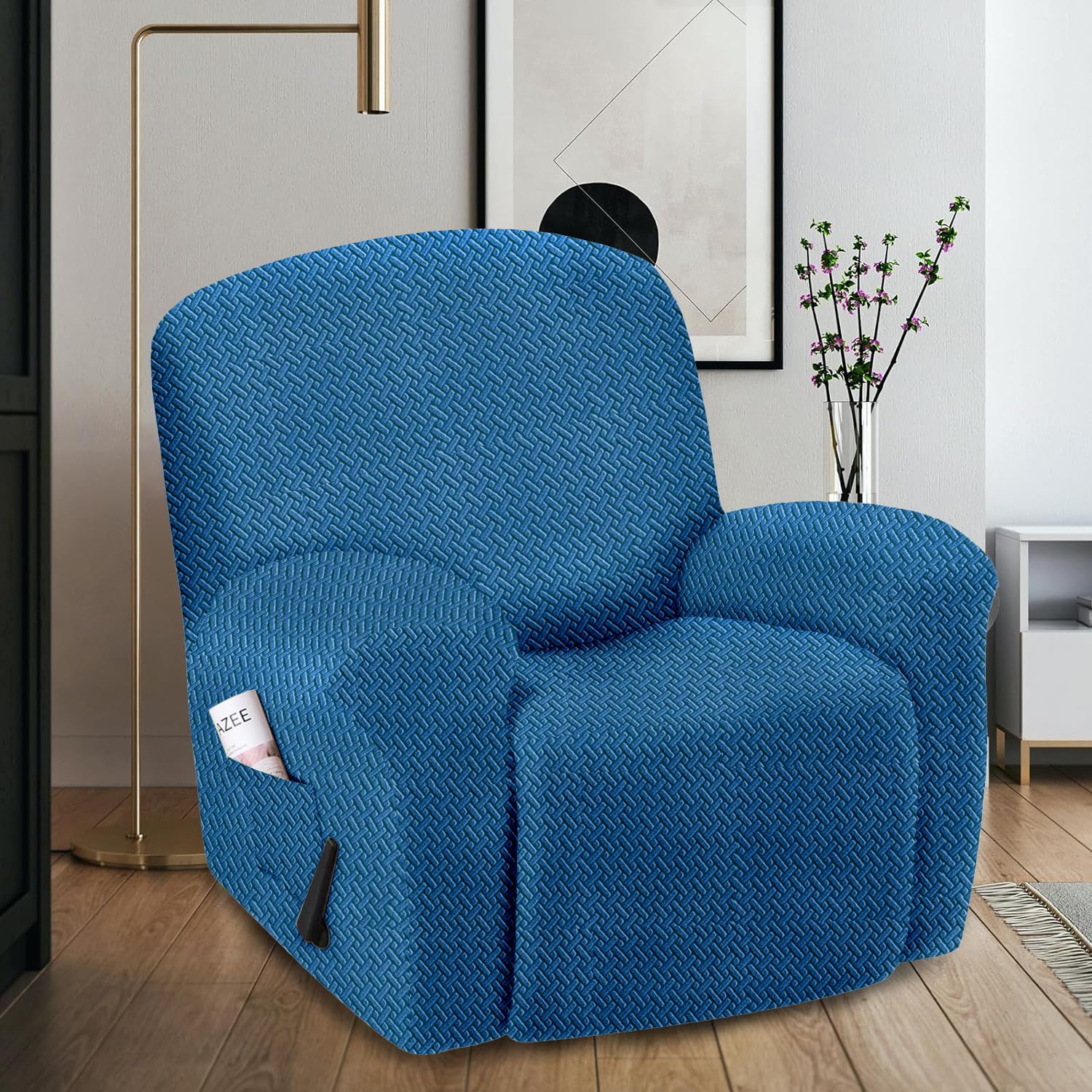 Cortina Super Stretch Jacquard Recliner Cover - Form Fitted Non-Slip Slipcover for Standard Large Recliners - Blue-image-26