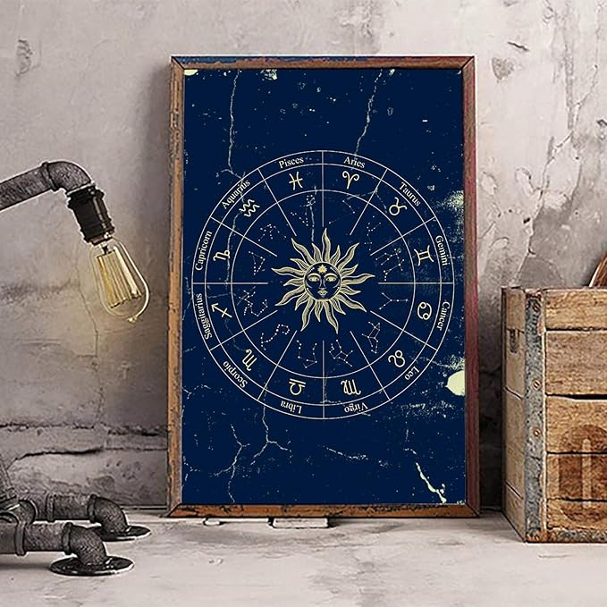 Retro Vintage Metal Tin Sign Zodiac Wheel Constellations Chart Astrology Map Astral 12 Astrology Zodiac Signs Horoscope Sign for Home Garden Kitchen Bar Cafe Restaurant Garage Wall Decor 6x8 Inch