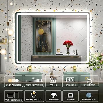 STARLEAD Bathroom Mirror with Dimmable LED Lighting Three Colour Temperatures 3000 K–6500 K Memory Function Defogging Function IP44 Horizontal/Vertical Hanging 100 x 70 cm [Energy Class E]