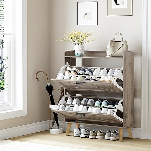 Miniatura 9 de Armario de almacenamiento de zapatos de granja de 32 pulgadas de ancho con 2 cajones abatibles y diseño de puerta de granero, estantes ajustables,