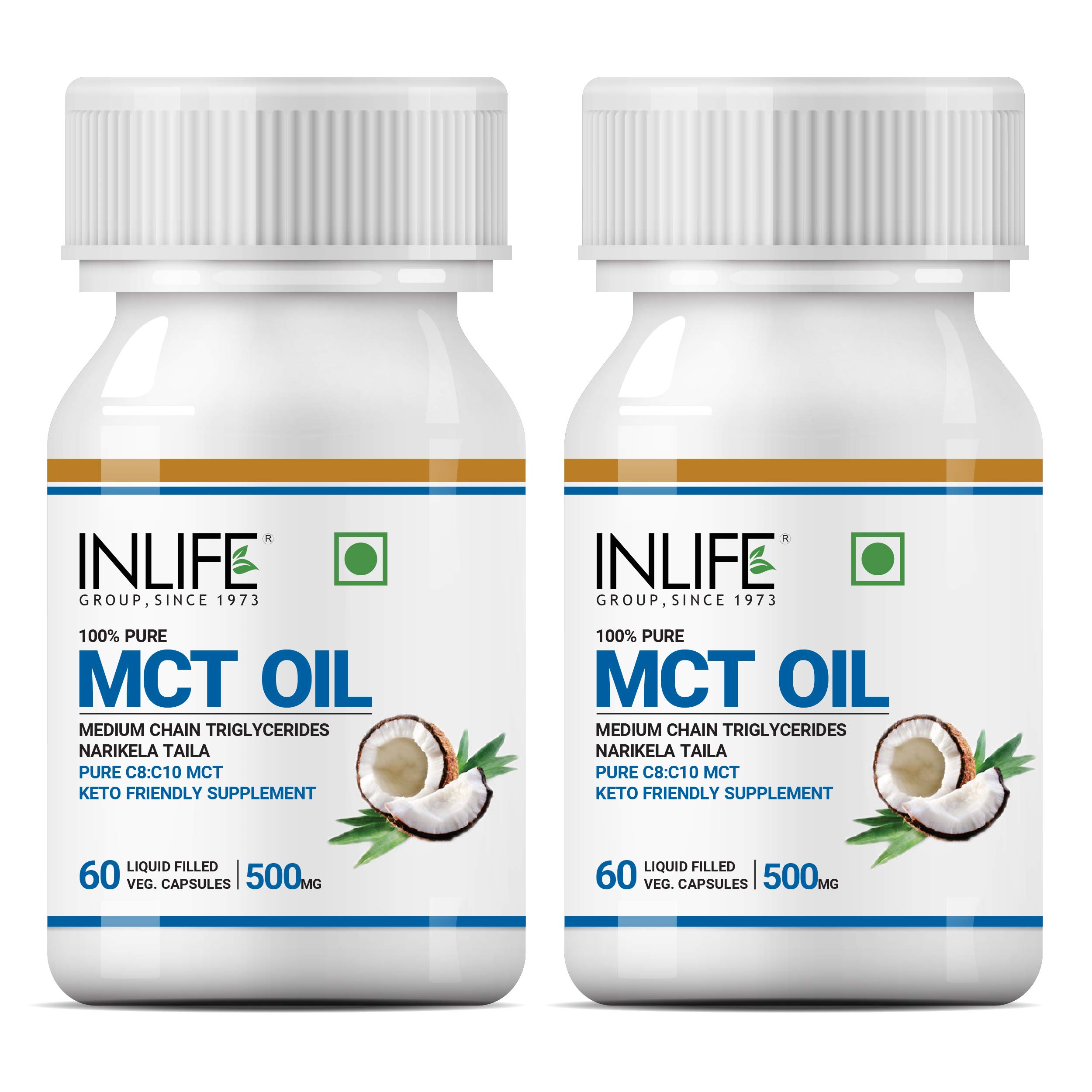 INLIFE Pure MCT Oil C8 C10 Keto Diet Friendly Advanced Products, Weight & Fat Management Food Supplement, 500mg - 60 Vegetarian Capsules (Pack of 2)