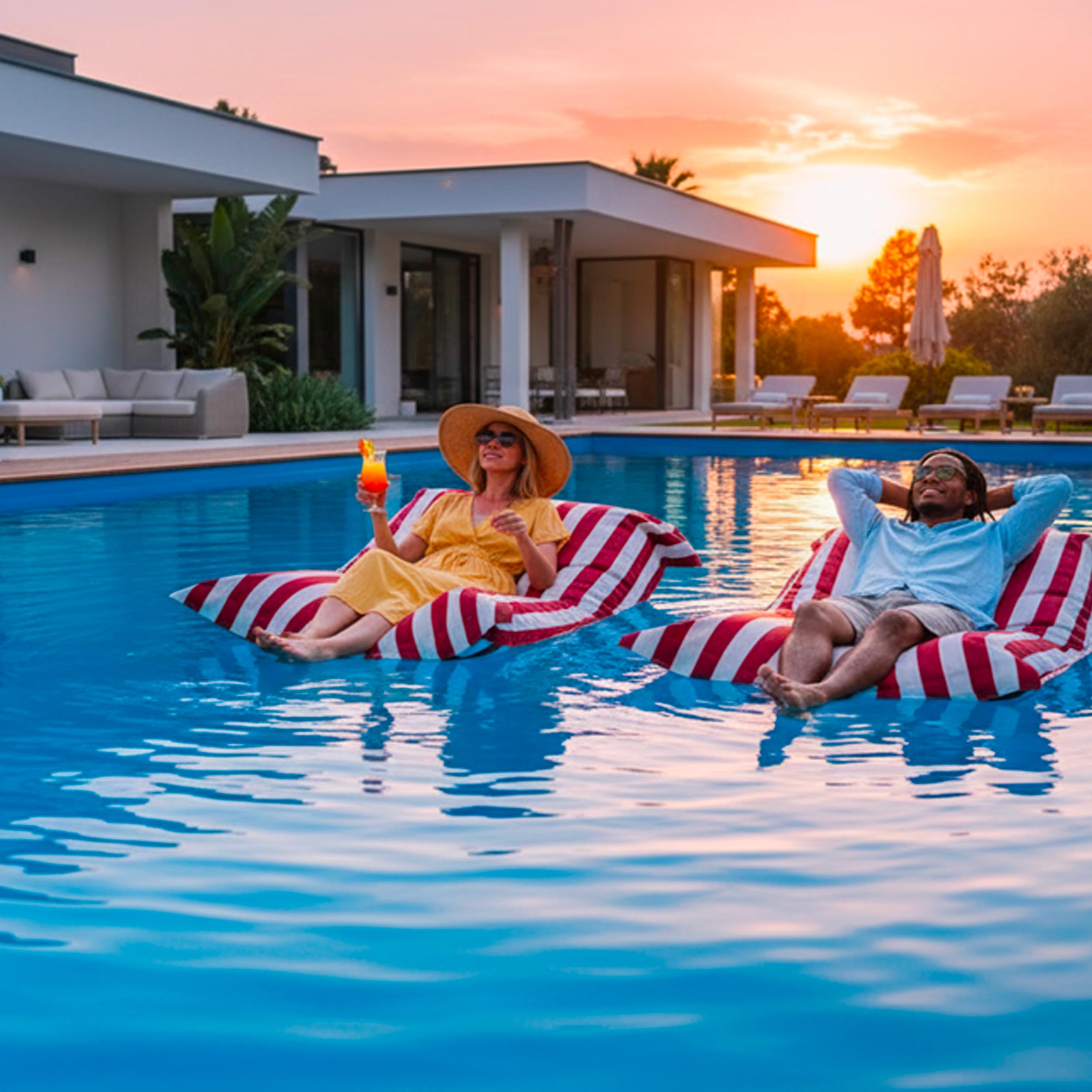 LIVEDECO – Puff Gigante XXL desenfundable, Flotante para Piscina, Rojo a Rayas Deauville Pool BiG52