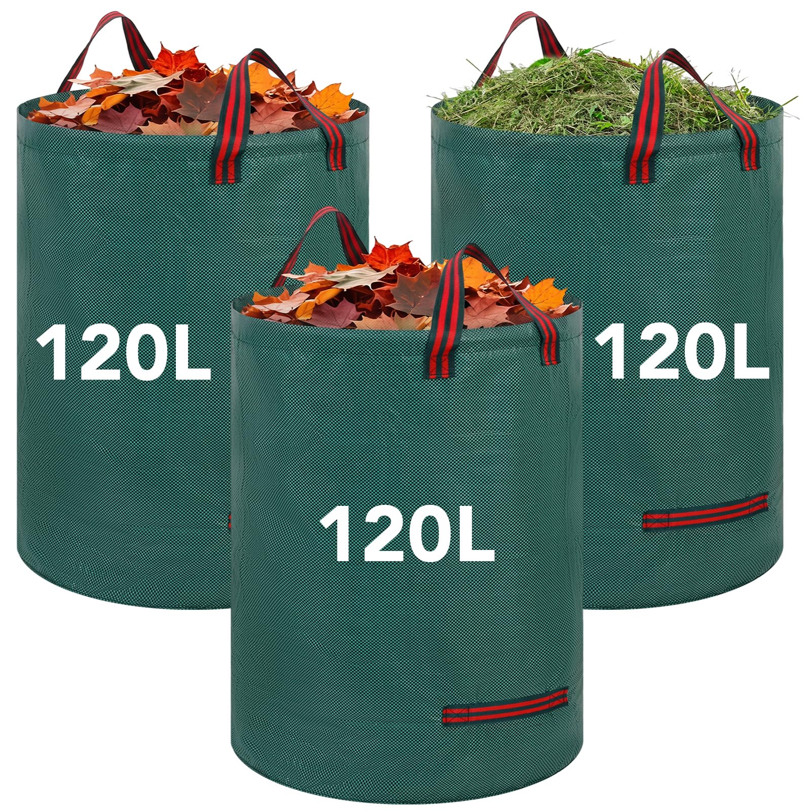 Dntorx Worek ogrodowy 3 x 120 l, stabilny worek na odpady ogrodowe z uchwytami, wolnostojący worek na liście, wodoszczelny, składany, wielokrotnego użytku, z tkaniny polipropylenowej, 150 g/m², do