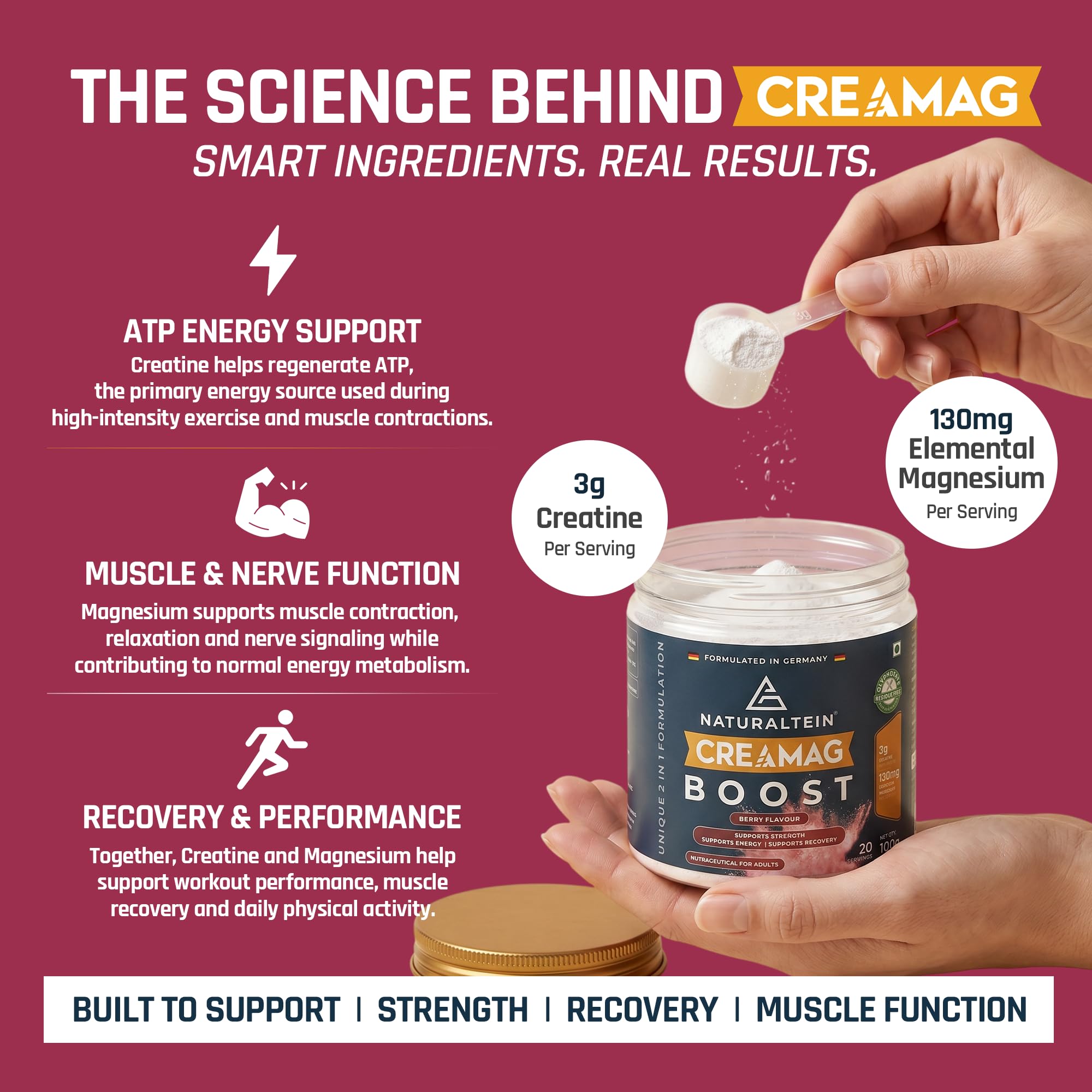Naturaltein Creamag Boost Creatine 3g + Magnesium Bisglycinate 130mg Supplement Powder, Berry Flavour, Supports Strength, Energy & Recovery, 100g (20 Servings) — Amazon image 7