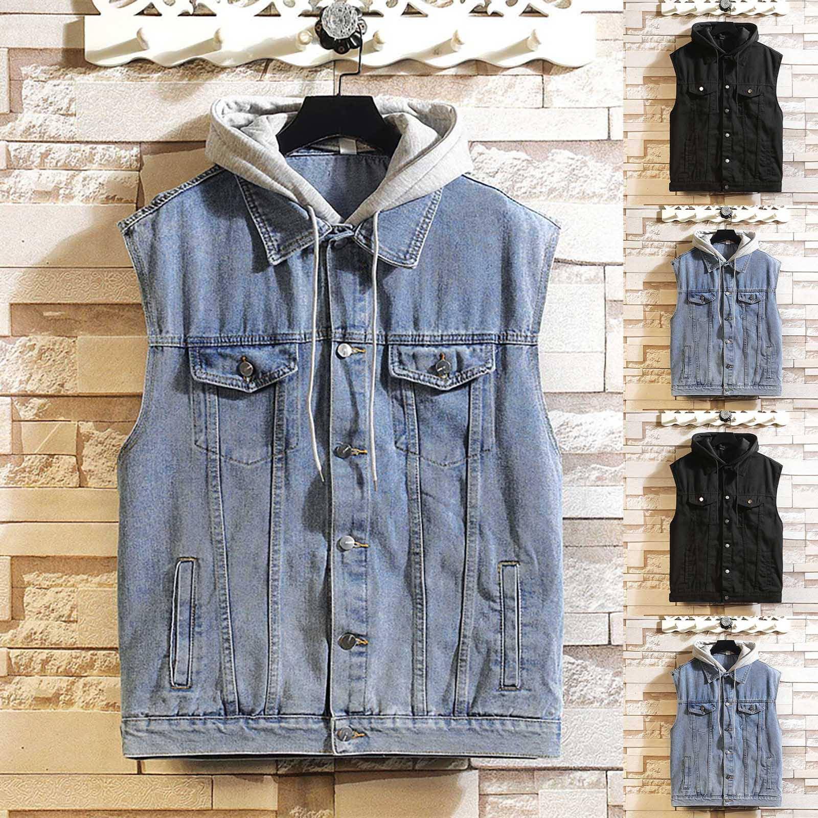 Chaleco vaquero con capucha para hombre, sin mangas, con solapa de botones, con varios bolsillos, cómodo y suave, chaleco vaquero, monocolor, para el tiempo libre