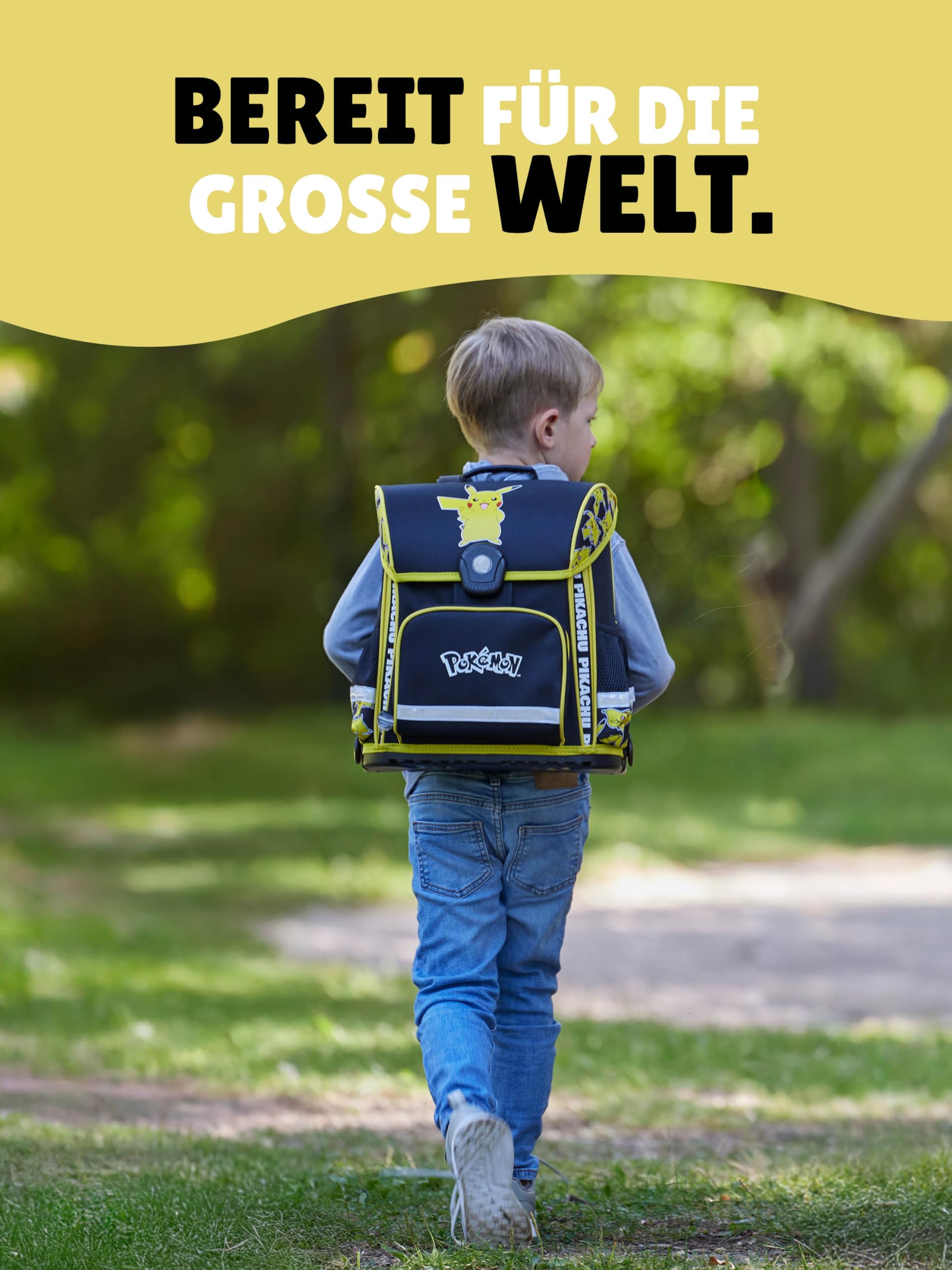 Familando - Schulranzen Set 10-teilig mit Schultüte - Pokémon mit Pikachu Motiv - Ergonomisch, stabil & mit gepolstertem Rücken - 990g leicht, 16L Volumen - Mit Reflektoren - ab 1. Klasse