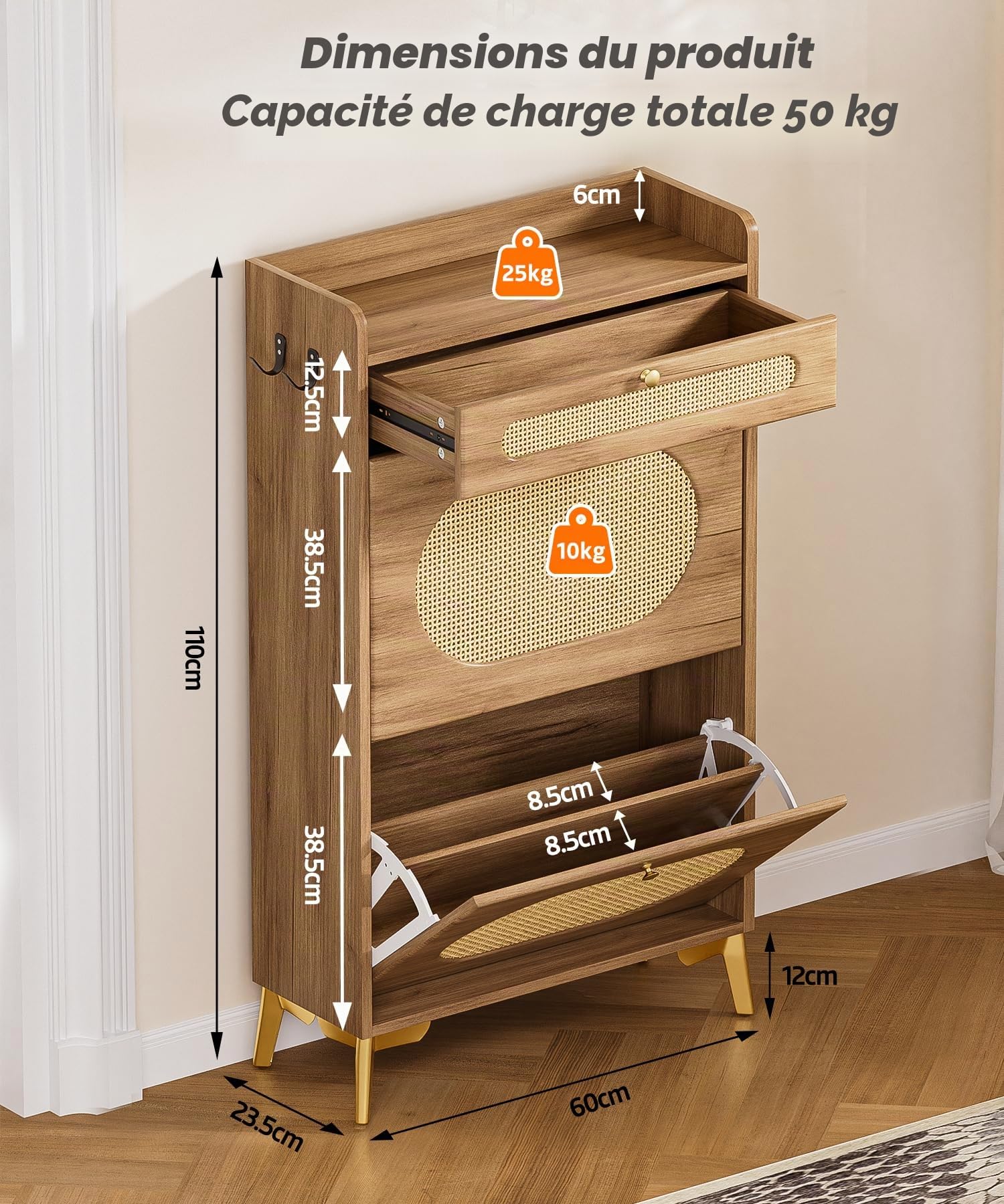 Yorbay Meuble à Chaussures Rotin pour Entrée: 8-12 Paires avec 2 Abattants