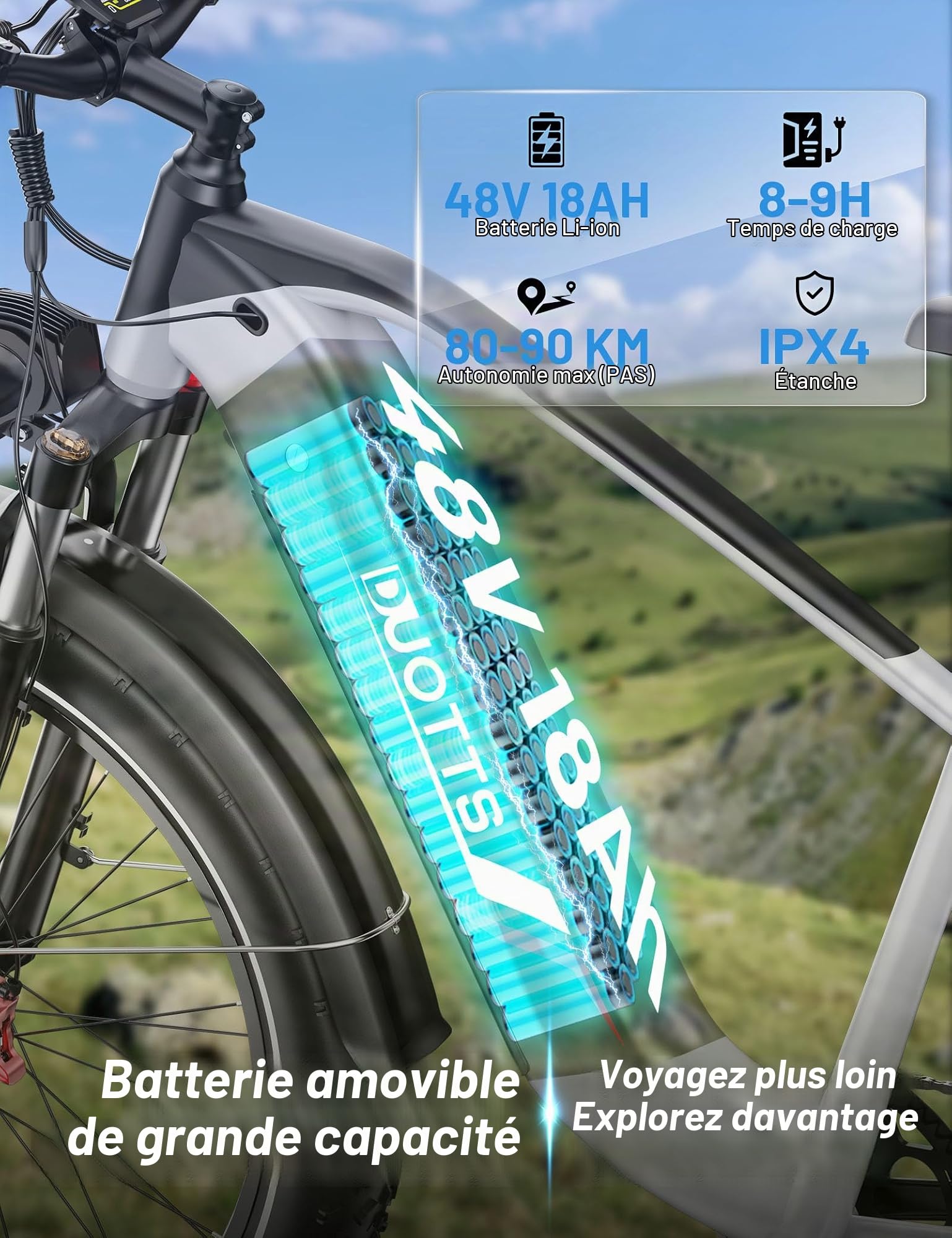 F26 Lite Vélo Électrique Adulte, 26 x 4,0 Pouces Fat VTT Électrique, Ebike 250W Batterie 48V 18Ah Autonomie Jusqu'à 140 Km, Double Frein Hydraulique, 7 Vitesses & Suspension Double