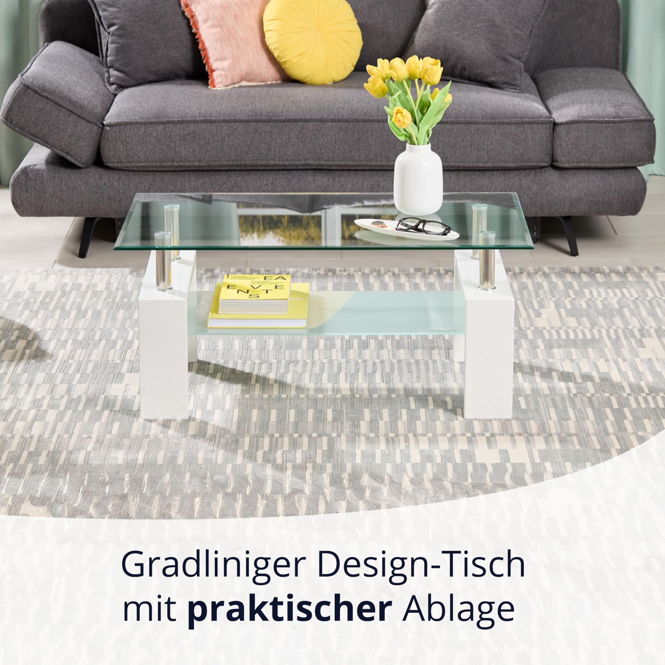 KHG Couchtisch weiß, Tischplatte inkl. Ablagefläche aus Glas transparent