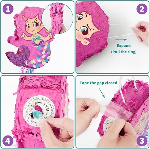 Miniatura 266 de WERNNSAI - Piñata de sirena plegable, piñata de cumpleaños con flecos que incluye cuerda para jalar, venda y bate. Decoraciones
