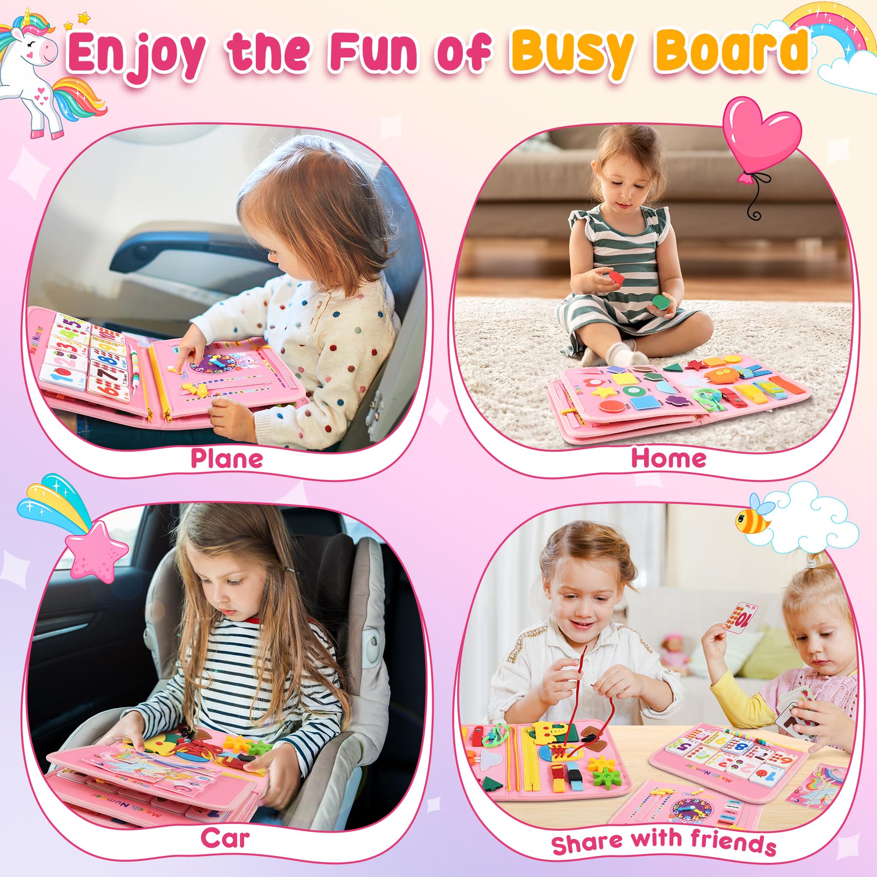 Gontence Busy Board - Giochi Bambini 2 3 Anni - Giochi Montessori 1 Anno - Giochi Educativi 3 4 5 Anni - Regalo Bambina Femmina - Libro Sensoriale Pannello Sensoriale