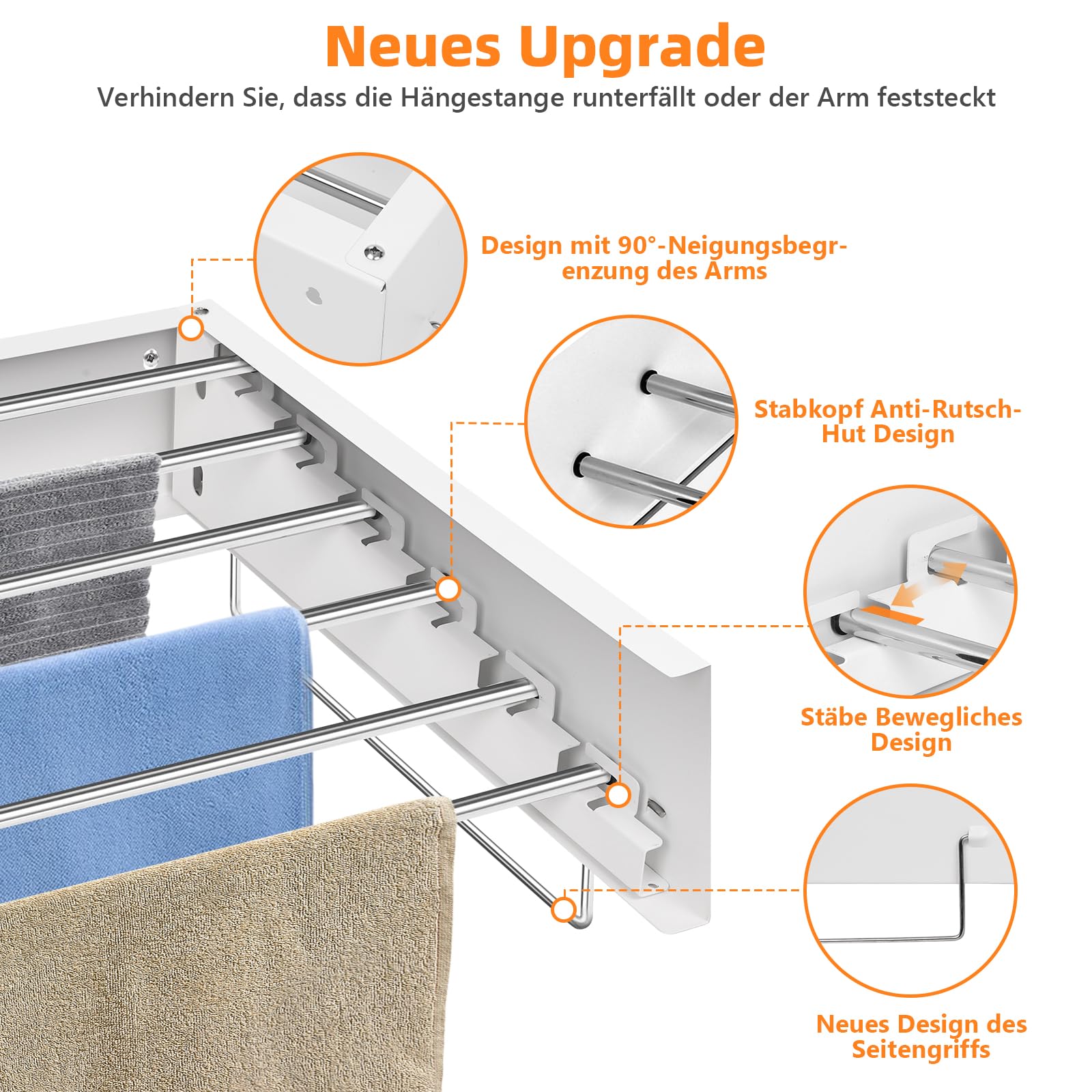 Wäscheständer Wandmontiert, Wandtrockner, klappbar Ausziehbarer 100cm Weiß | mit 6 hochwertigem Edelstahlstange, Wäscheständer zur Wandmontage für Innen oder Außen,Balkon, Terasse
