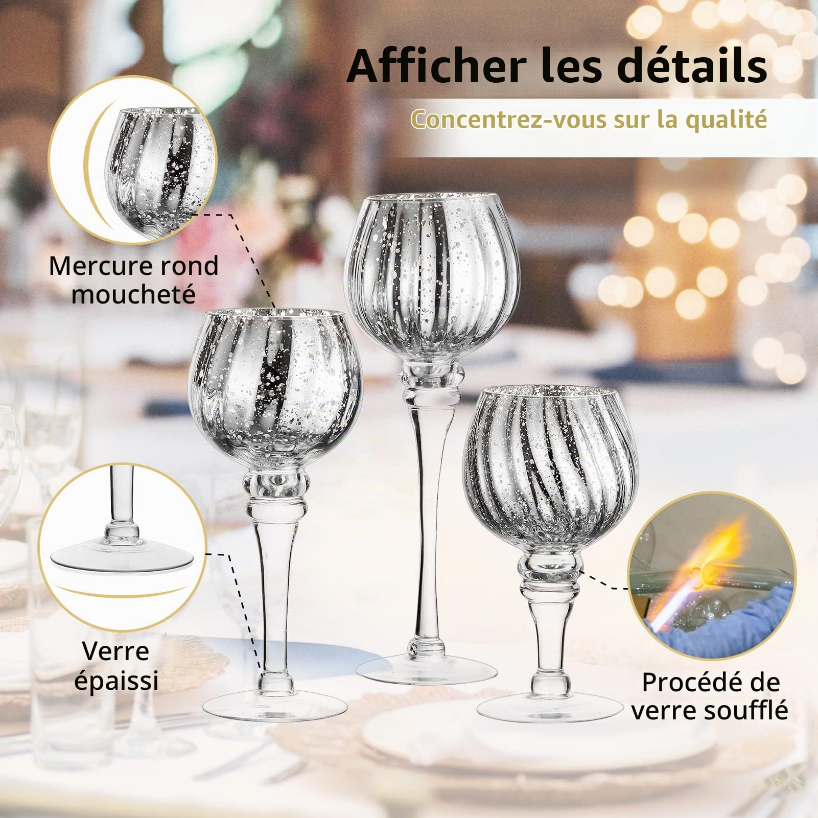 Nuptio Porte-Bougies Chauffe-Plat Verre 3 Pièces Haut Porte Bougies au Mercure Grand Bougeoir Argent Verre Longue Tige Pilier Centre de Table pour Fête Mariage Manteau Noël Cheminée Décoration