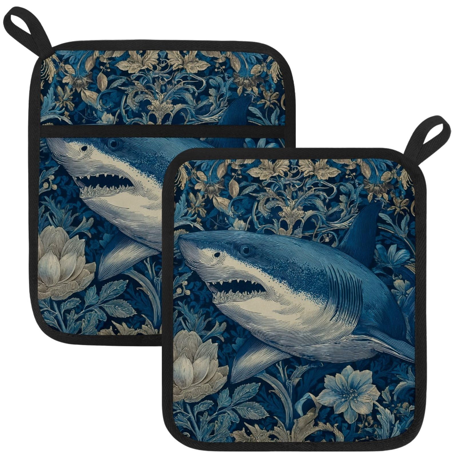 VAPOKF Shark Pot Holders with Pocket for Kitchen Heat Resistant Potholders Large Polyester-Cotton Square Oven Mitts Set