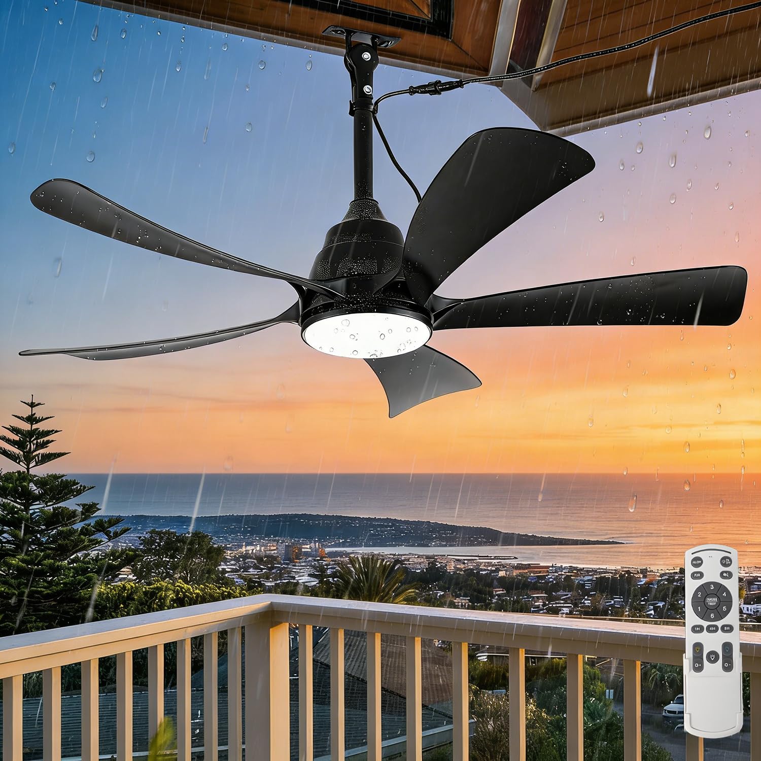 Außen Deckenventilator mit Licht IP65 Wasserdicht 106cm Leise mit Beleuchtung und Fernbedienung Dimmbar, 6 Geschwindigkeiten Timer, Lampe mit Ventilator für Terrasse Pavillon, Schwarz