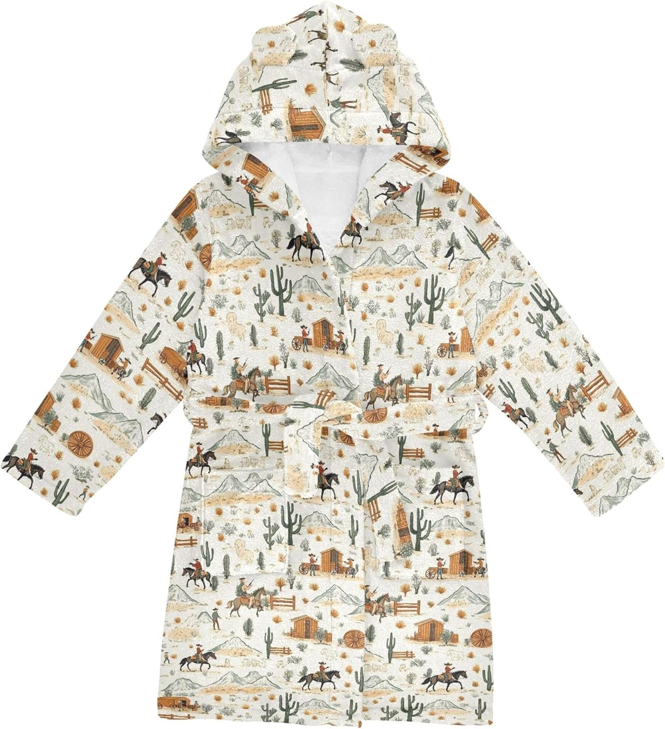 Western Cowboys Horses Cartoon Bathrobe Hooded PJ Robe Soft Fleece Robe Sleepwear 2-12 Years
