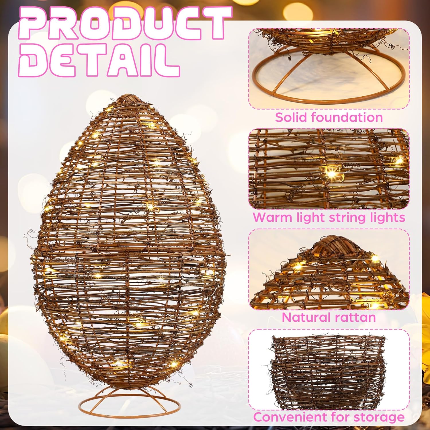 20 Inch Set of 2 Large Easter Porch Decor Outdoor, Rattan Eggs Topiary with 9.84ft LED Lights Easter Eggs Decoration for Home Outdoor Indoor Porch Garden Farmhouse Spring Decoration