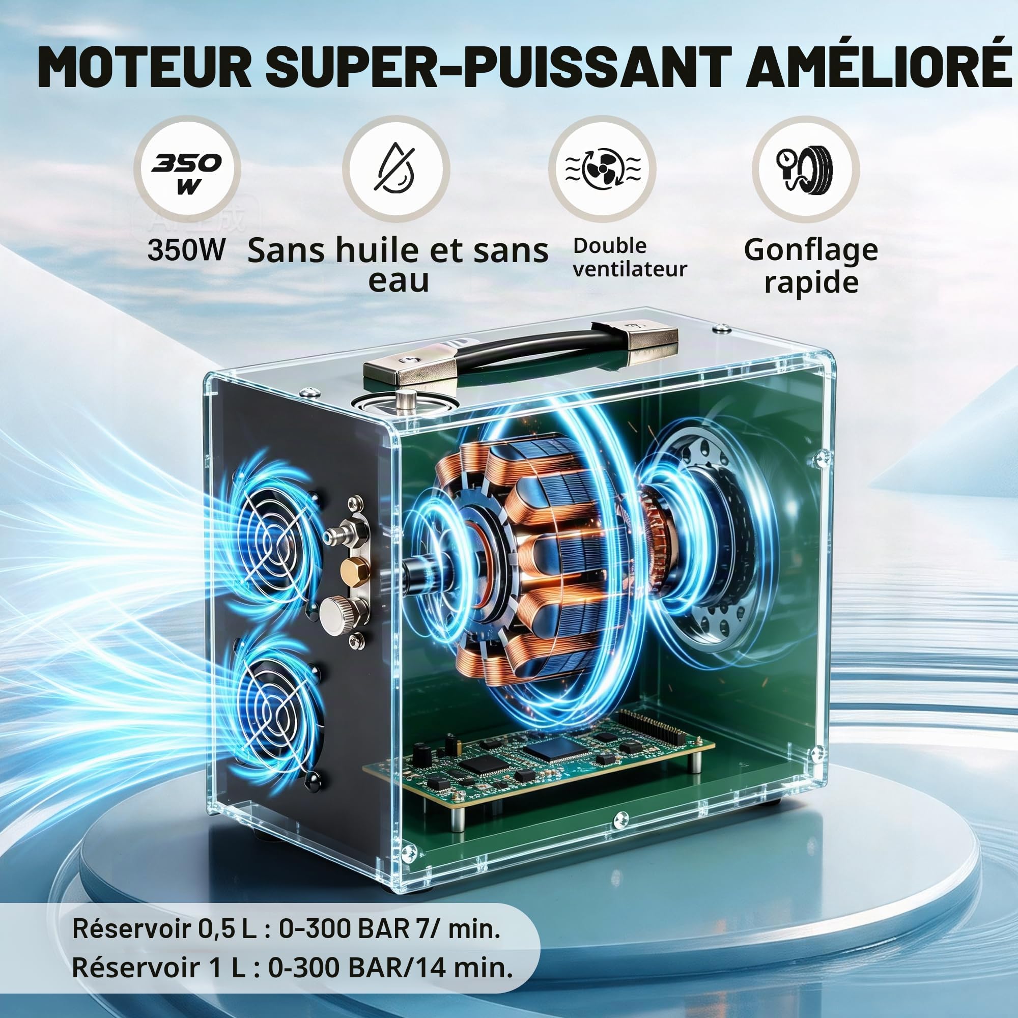 TUDIVING - Compresseur d'air 4500 Psi | 12 V CC / 220 V CA | Arrêt automatique | Sans huile ni eau | Gonflage rapide | Compresseur pour plongée, PCP et pistolets de paintball (TXES062)