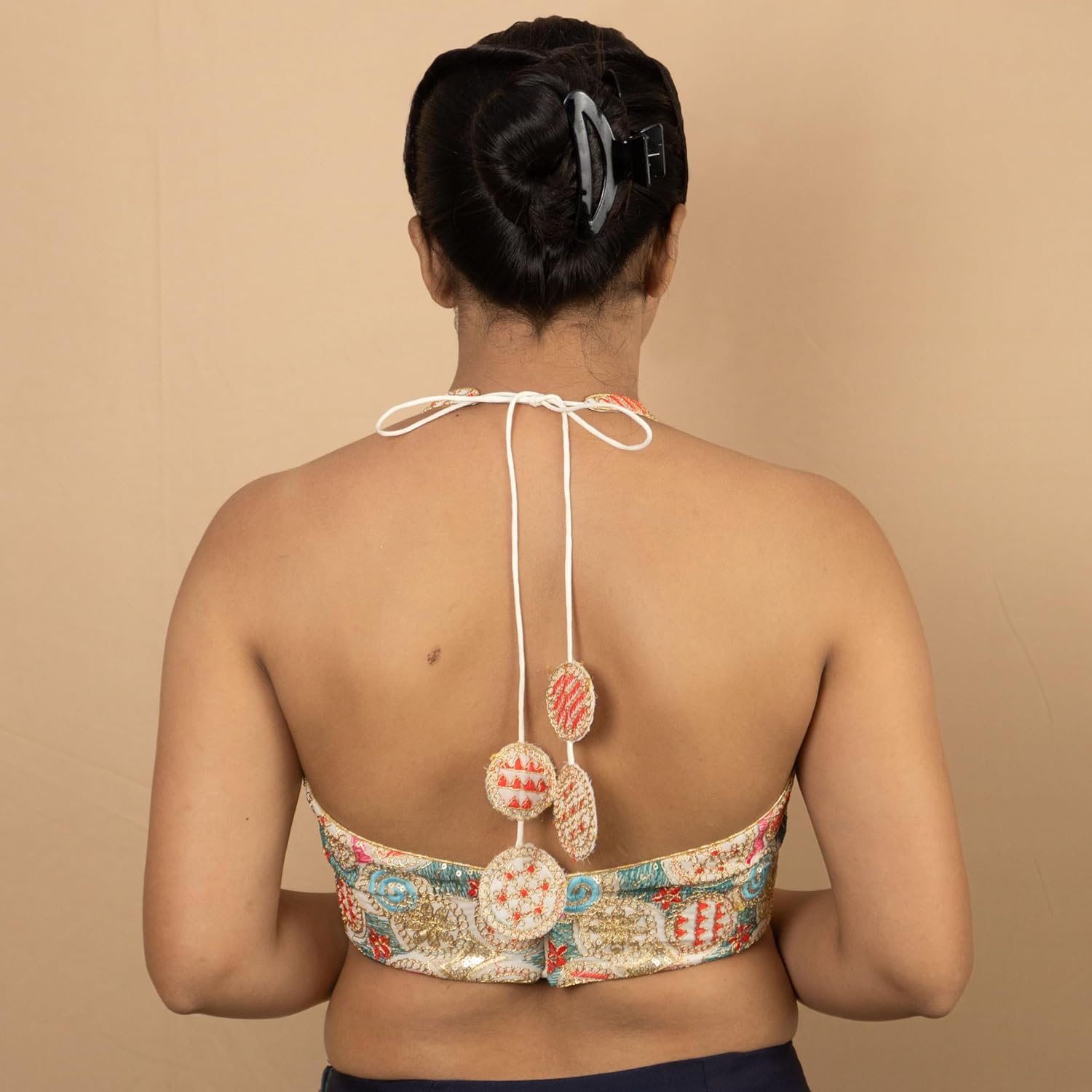 FIGURE'S DESIGNER Women's Sequin Gold Embroidered Halter Neck Sleeveless Readymade Indian Saree Blouse E13 - Image 6