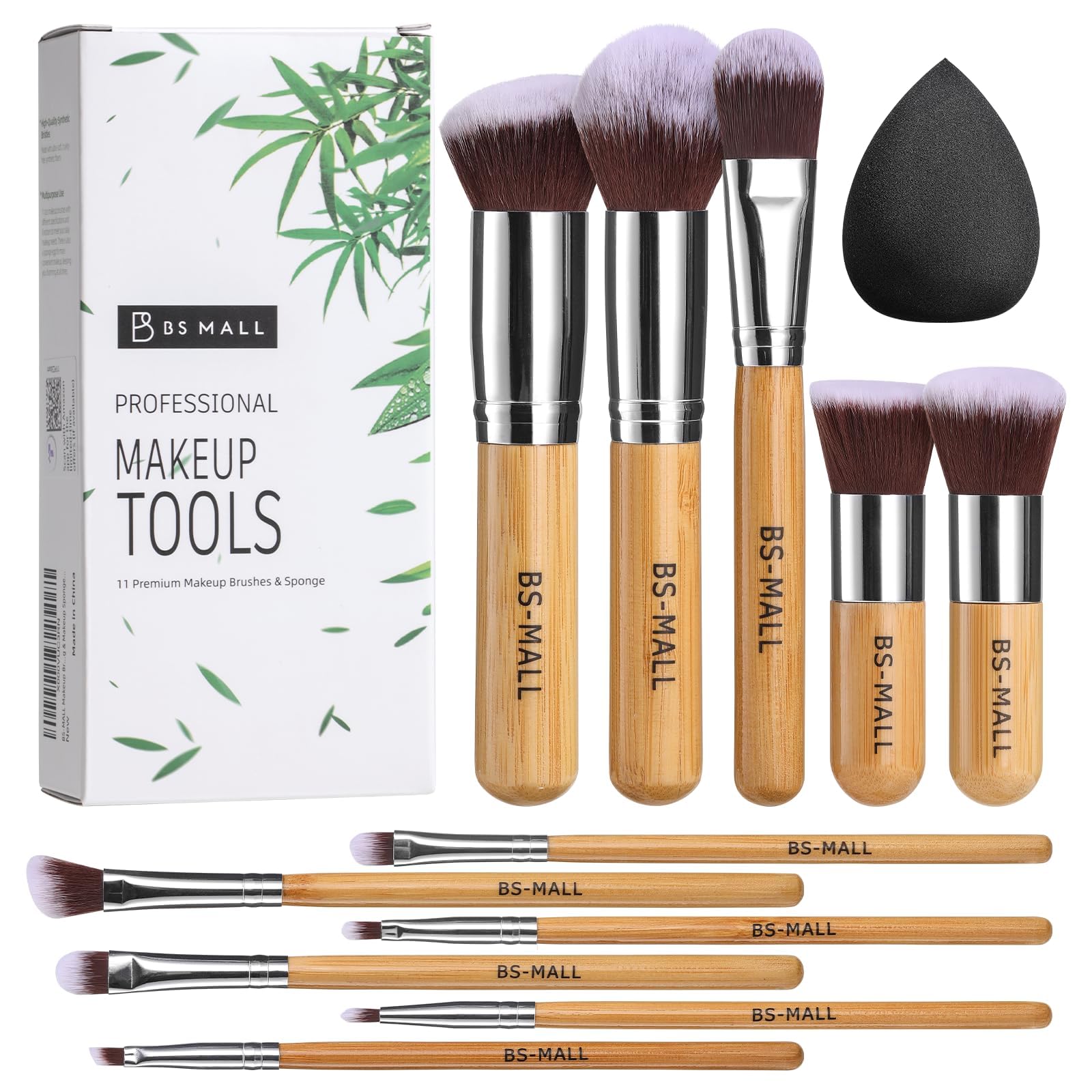 BS Mall bamboo Silver Premium Synthetic Kabuki Makeup Brush Set Cosmetics Foundation Blending Blush Face Powder Brush Makeup Brush Kit with Black Tear Drop Makeup Blender Sponges (11PCSBAMBOO)