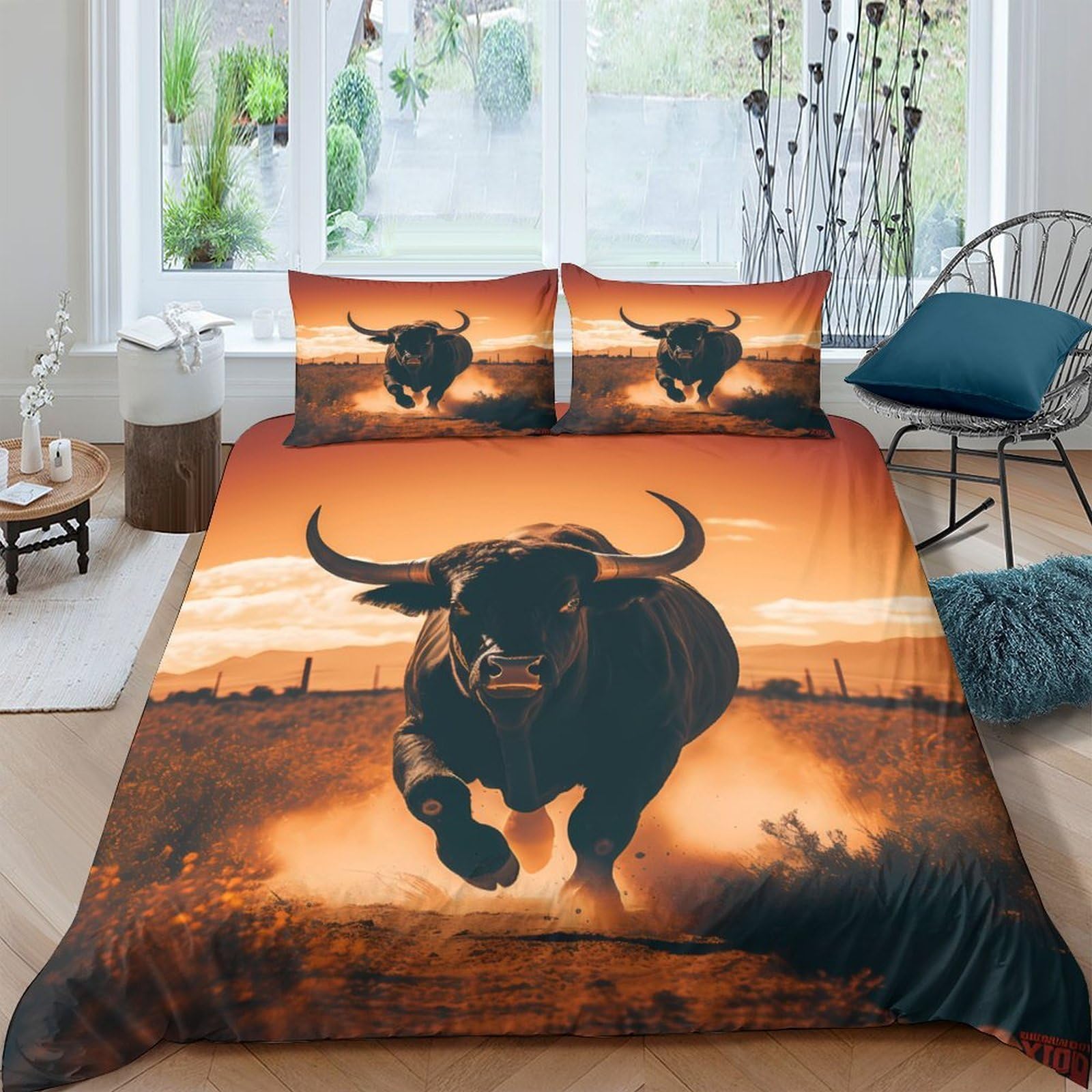 Ctjqhvkz Style-2 3D Printed Wild Bull Fitted Sheet Microfiber Soft Orange Sunset Prairie Mattress Cover For Bedroom Guest Room Decoration Single（135X200cm）