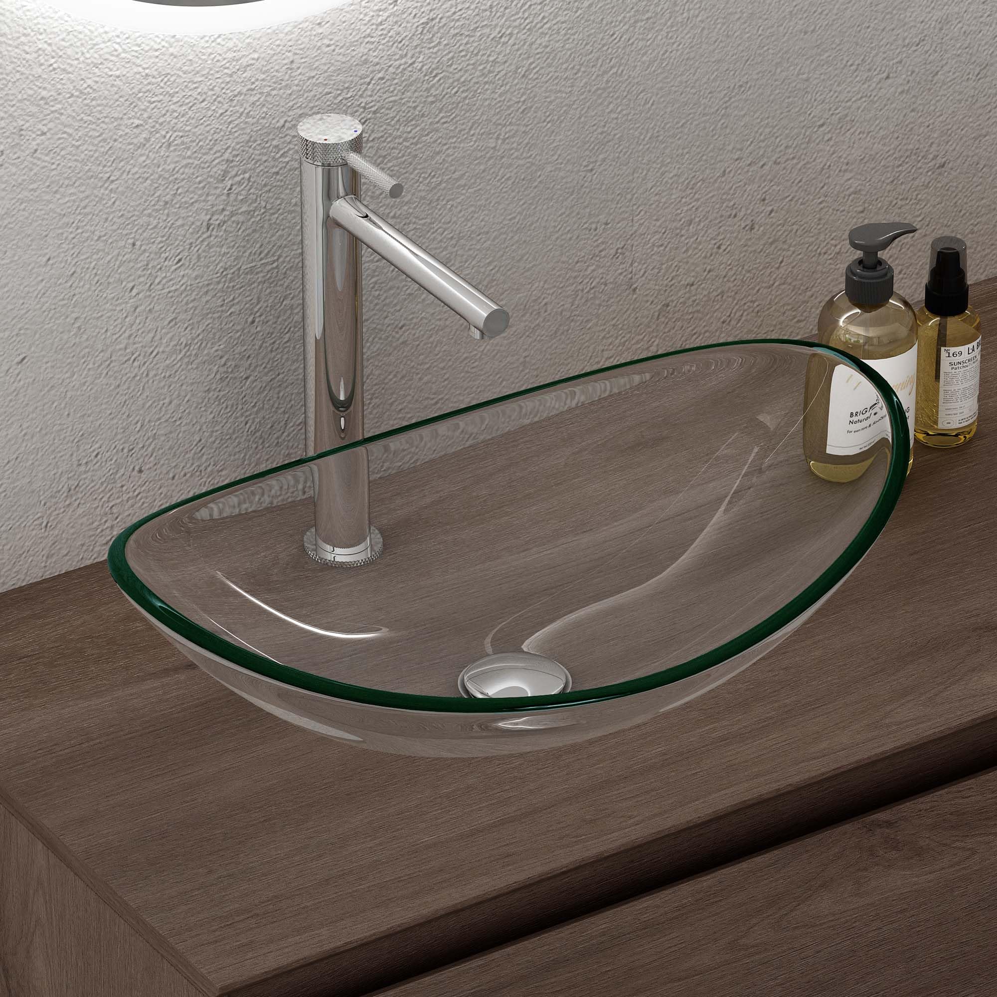 doporro Lavabo da Appoggio in Vetro Temperato Lavandino Bagno Ovale 53,5 x 35,5 x 16 cm Trasparente Lavello per WC Ospiti Design Moderno Minerva08