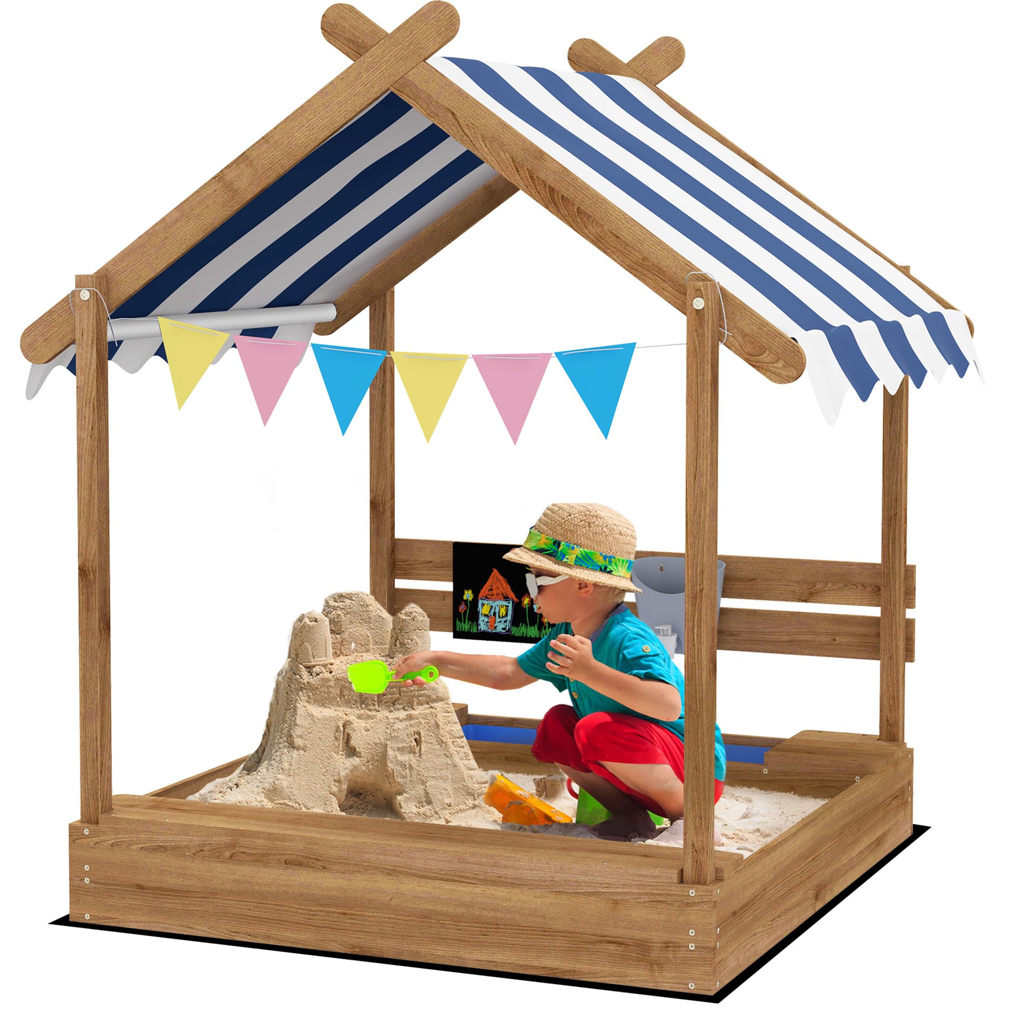 Outsunny Arenero para Niños de Madera Arenero Infantil con Toldo 6 Banderines 2 Bandejas Extraíbles Grifo y Pizarra en Forma de Casa para Patio Jardín 124x116x146 cm Marrón