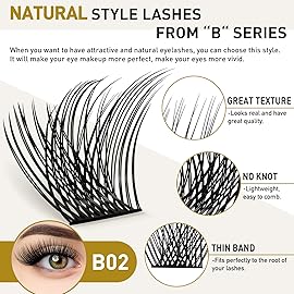 B&Q Lash Clusters Wispy B02, Eyelash Clusters 72PCS Cluster Eyelash Extensions, D Curl Lash Cluster 8-16mm Natural Individual Lashes Volume False Eyelashes Clusters with Soft Band(B02-D-8-16MIX)
