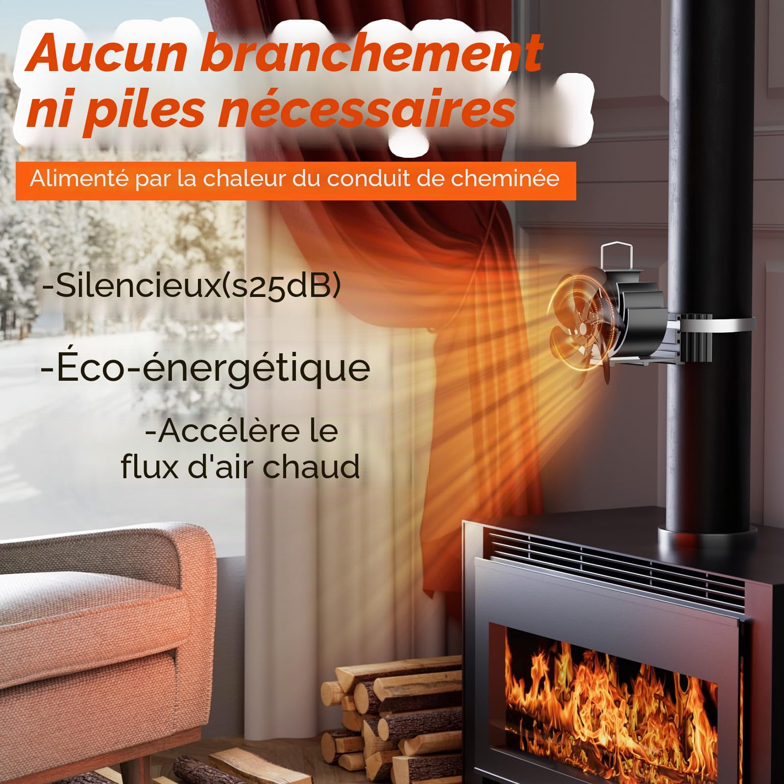 Zgrmbo Ventilateur de cheminée électrique, compact, noir, 6 pales, alimenté par la chaleur, ventilateur non électrique, pour poêle à bois en métal