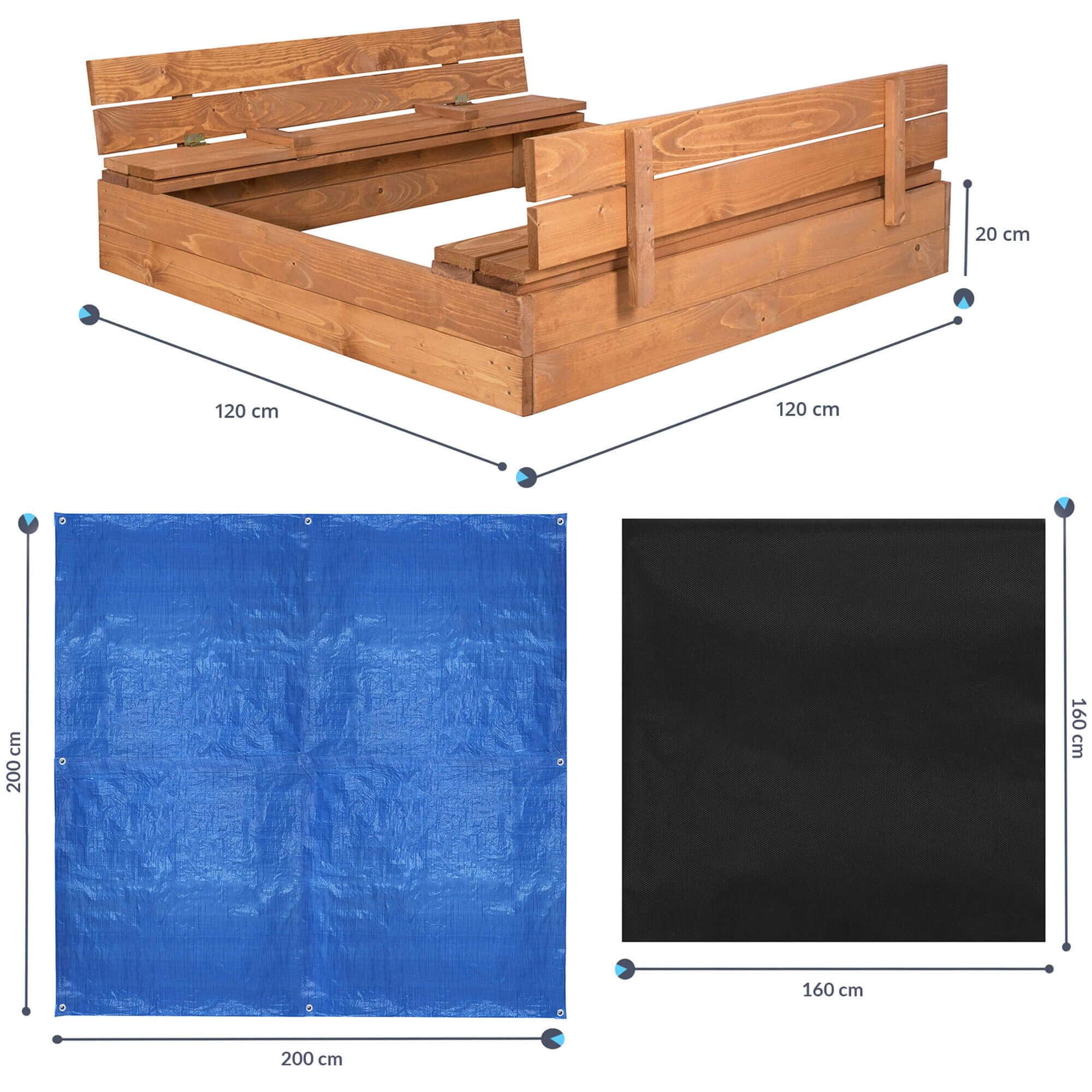 SPRINGOS Bac à sable avec bancs en bois massif 120 x 120 cm avec bâche de sol en non-tissé