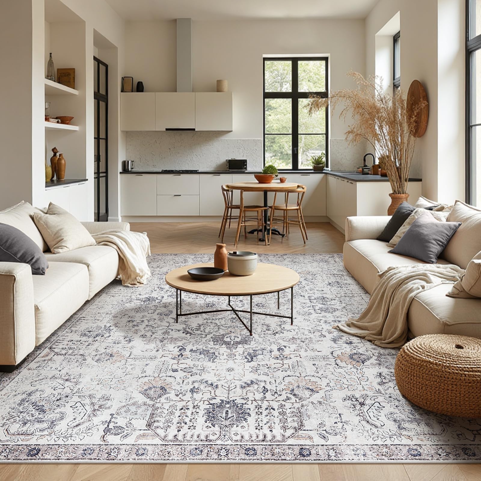 jinchan Area Rug 9x12 inches Washable Living Room Rug Vintage Indoor Large Floor Cover Retro Accent Mat Distressed Gray Floral Country Boho Non Slip Thin Carpet for Bedroom Kitchen Dining Room Office Grey