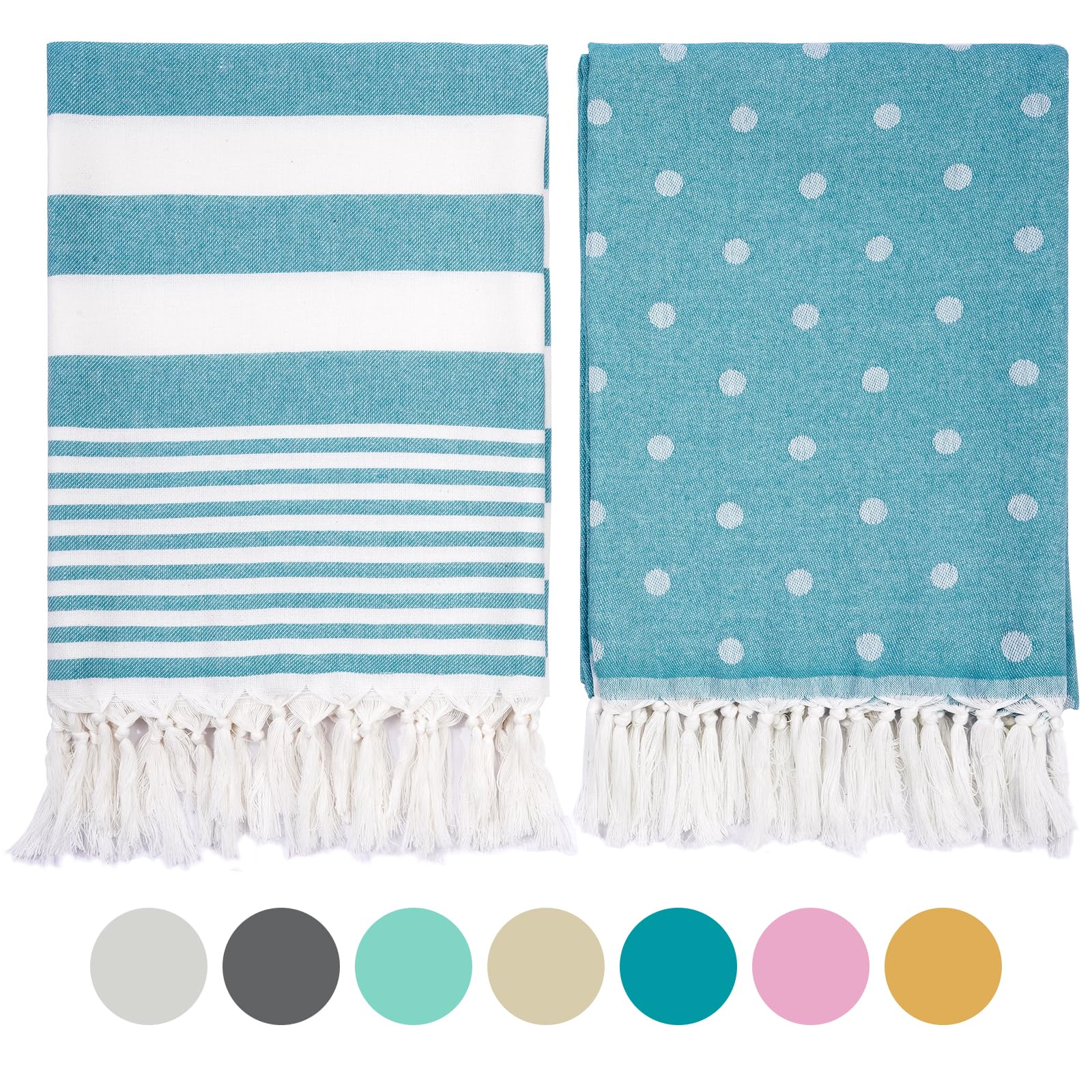 PlauthusTurkish Beach Towel 2 Pack-39” x 71”-Oversized & Sand Proof & Quick Dry & Compact-Extra Lager Cotton Beach Towels for Adults on Beach, Bath, Pool, Travel, Yoga, Camping- Turquoise
