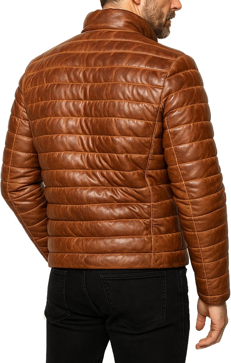 Men’s Puffer Lambskin Leather Jacket – Distressed Brown Quilted Bomber Coat, Slim F... - Image 3