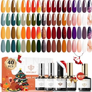 modelones 40 Pcs Gel Nail Polish Set, Thanksgiving Nude Brown Green Red Purple Orange Gold Jelly White Colors Blooming Gel Polish Kit with Base Coat & Matte Glitter Glossy Top Coat DIY Manicure Gfit
