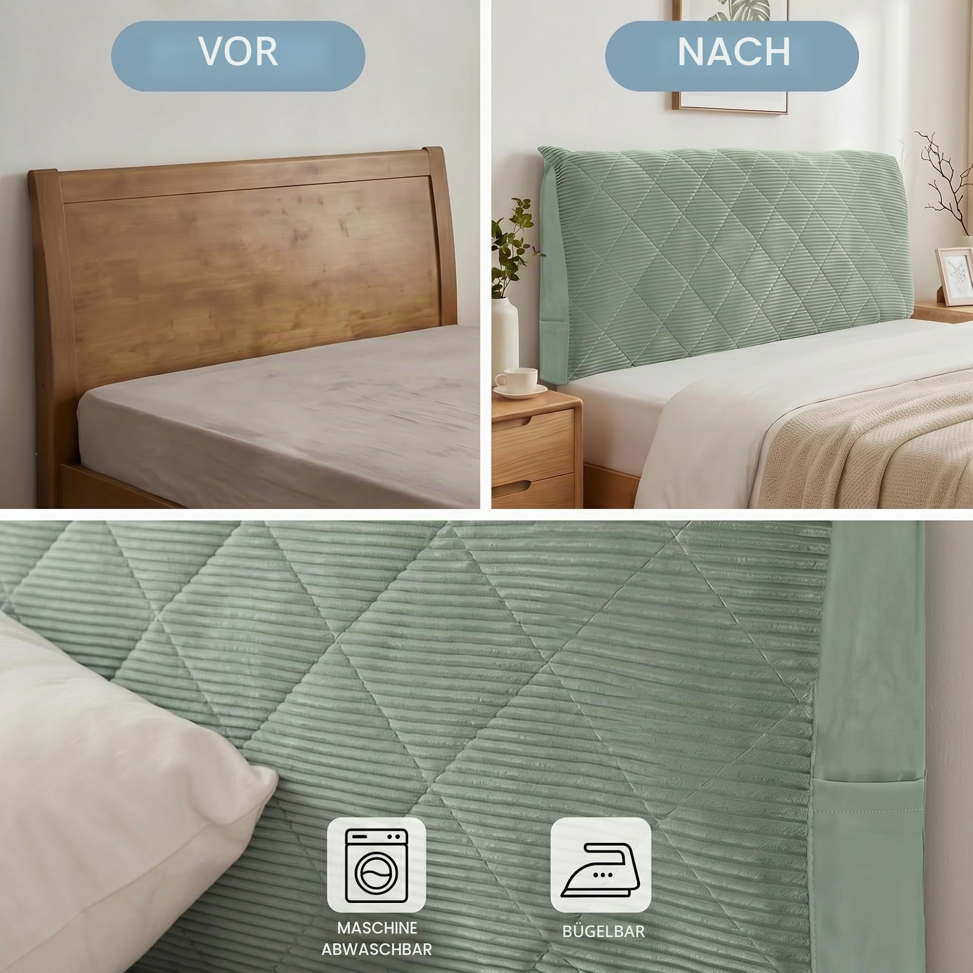 Verstärkter Cord Bettkopfteil Bezug Betthussen, klassisch elegant – elastische wattierte Staubschutz Hülle für gepolsterte Bettkopfteile, leicht zu montieren, Grün (ca. 180x70 cm)
