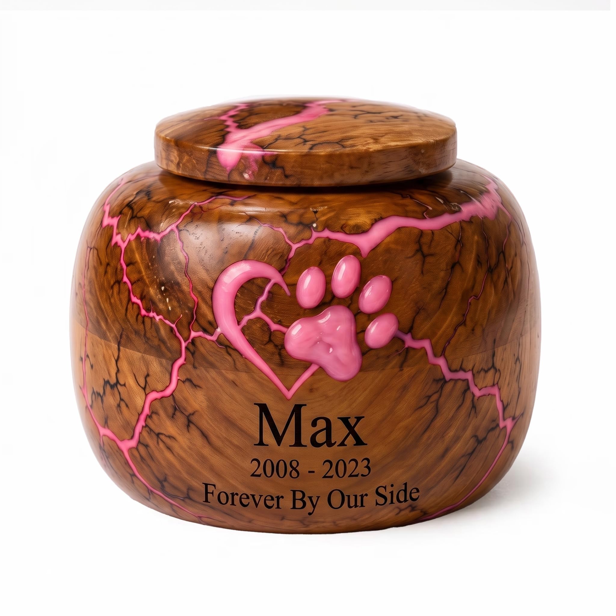 Resin Paw Engraved Wooden Urns, Decorative Funeral Urn - Custom Cremation Urns, Pet Urn - Handcrafted Memorial Keepsake Urn, Dog Urn, Urns for Ashes, Pink