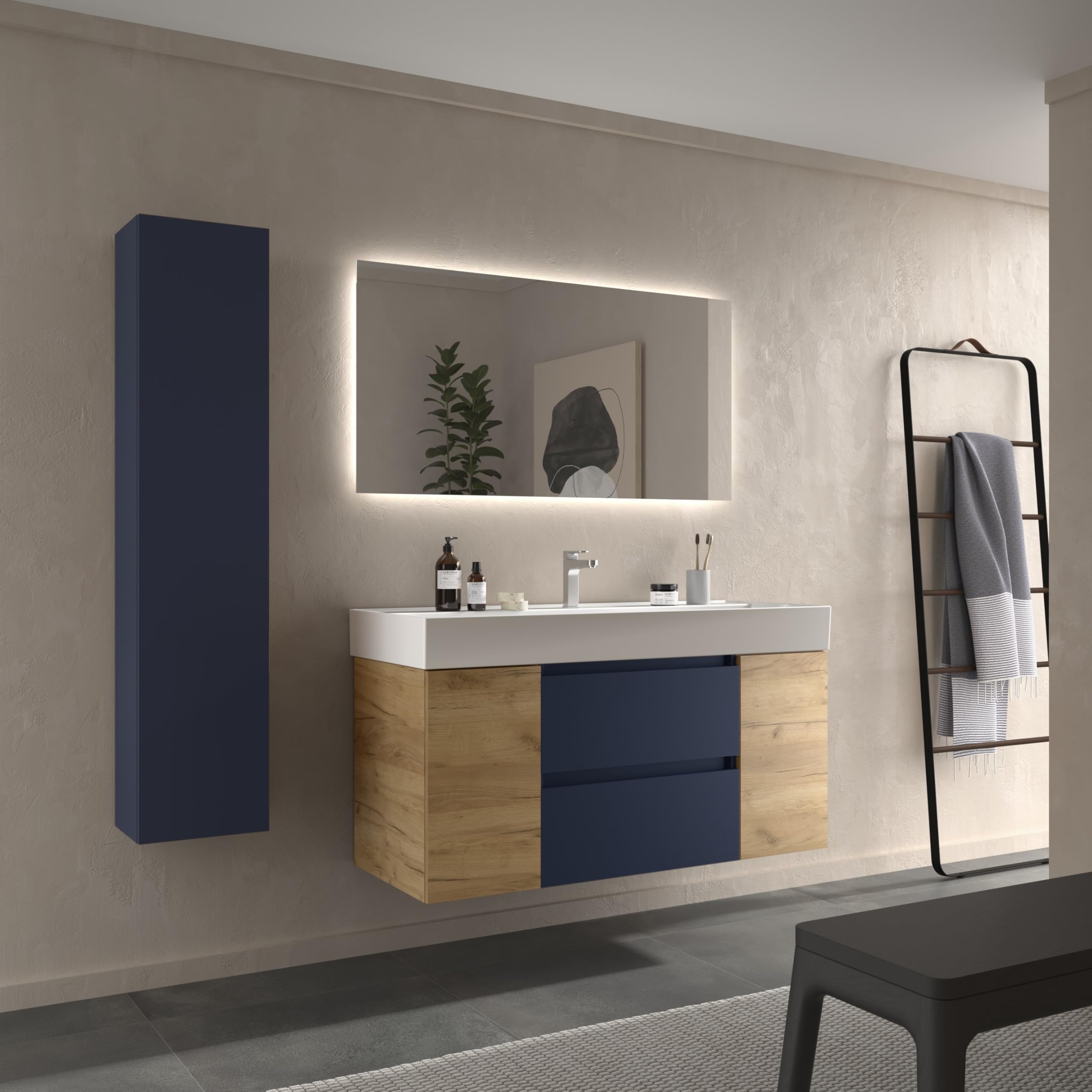 Salgar Mueble de Baño Bequia 120cm + Coqueta 1 Puerta Centrado + Lavabo cerámica | Azul Mate/Roble |120x45x66