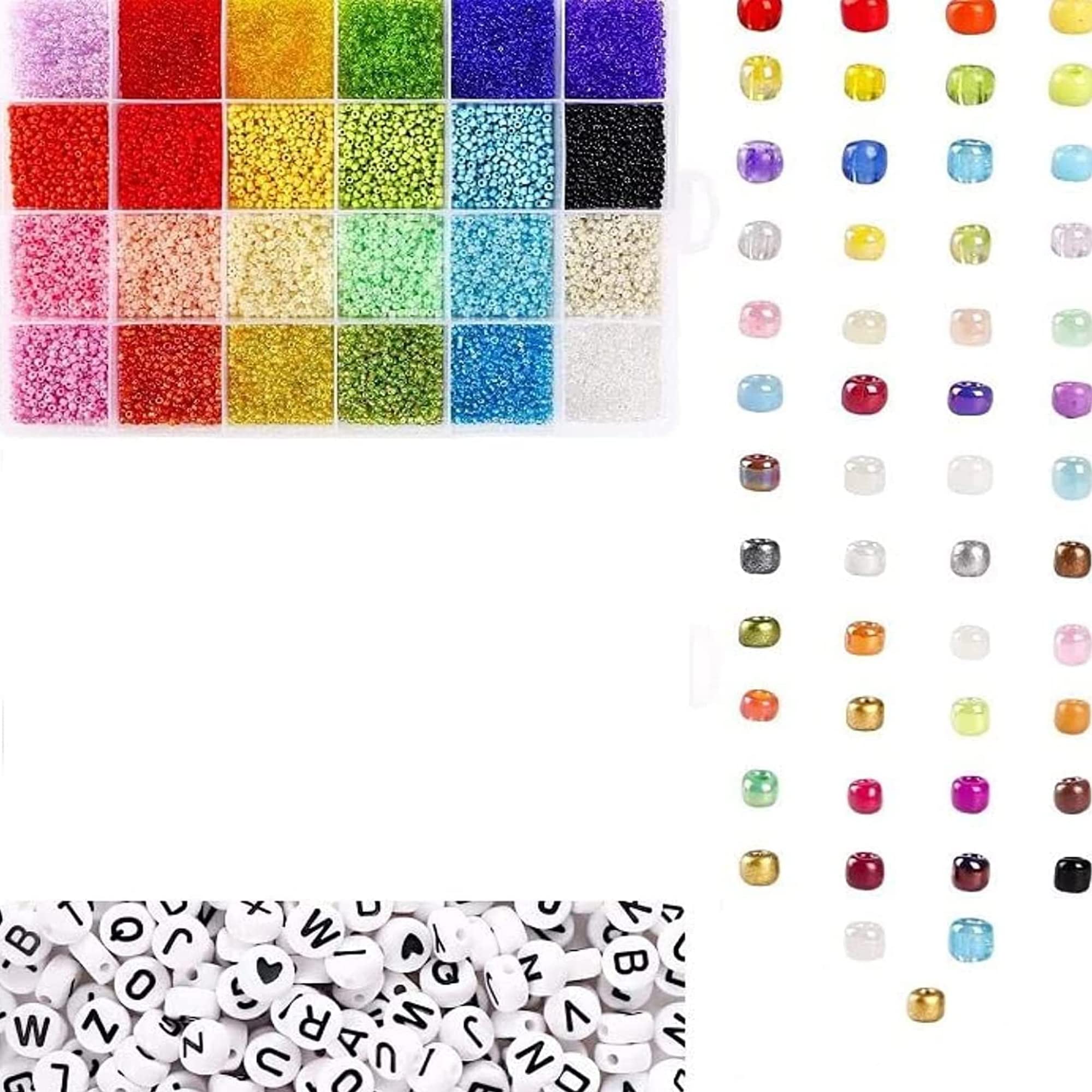 Sulfar Meegz Seed Beads -3500 PCS Letter and Pony -24-Grid Kit with Rope Mini Set for Jewelry Making Bracelet Beads-Alphabet DIY Projects -Beading (4mm)